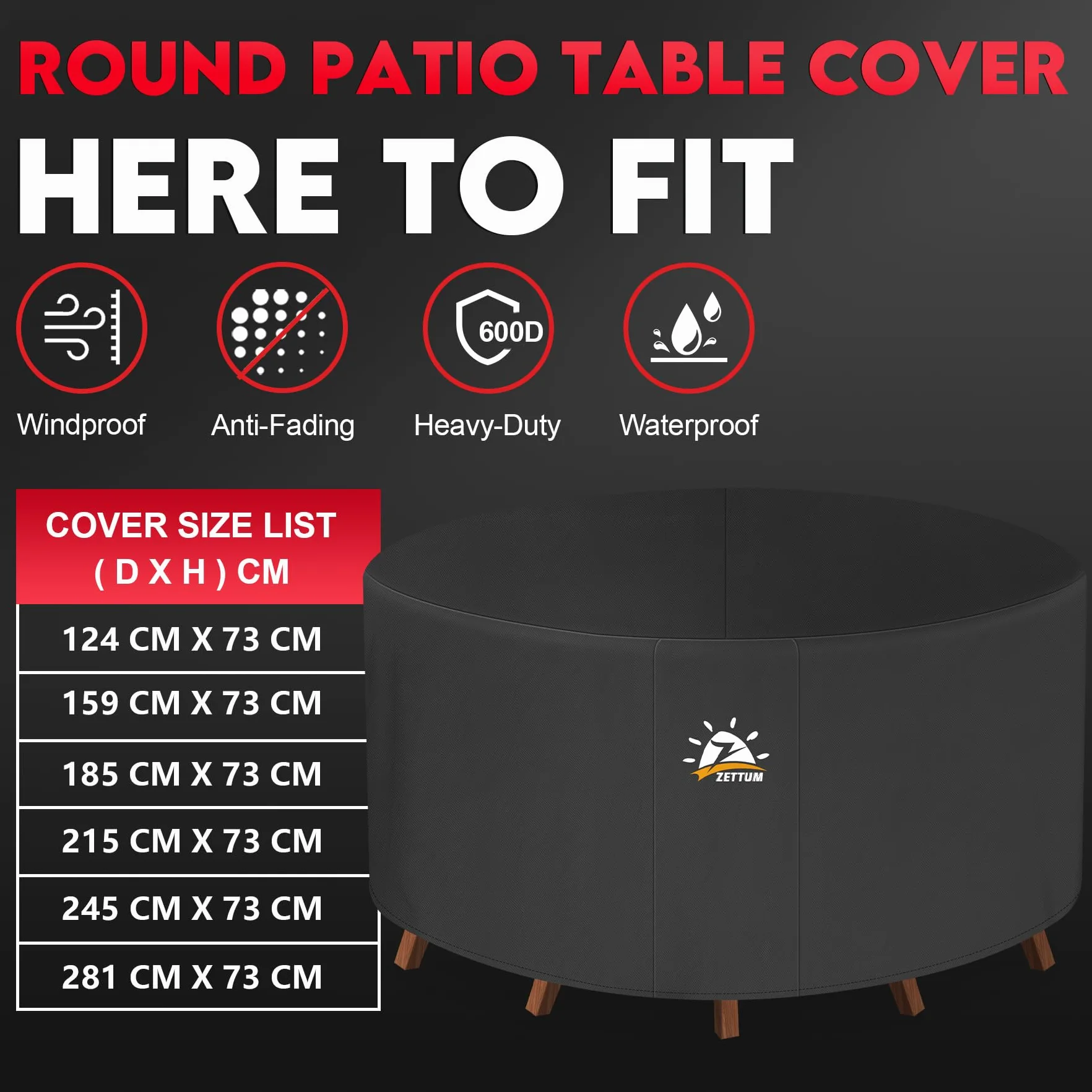 Housse de Table Jardin Imperméable Anti-UV 600D Tissu Oxford Ø245 x 73 CM