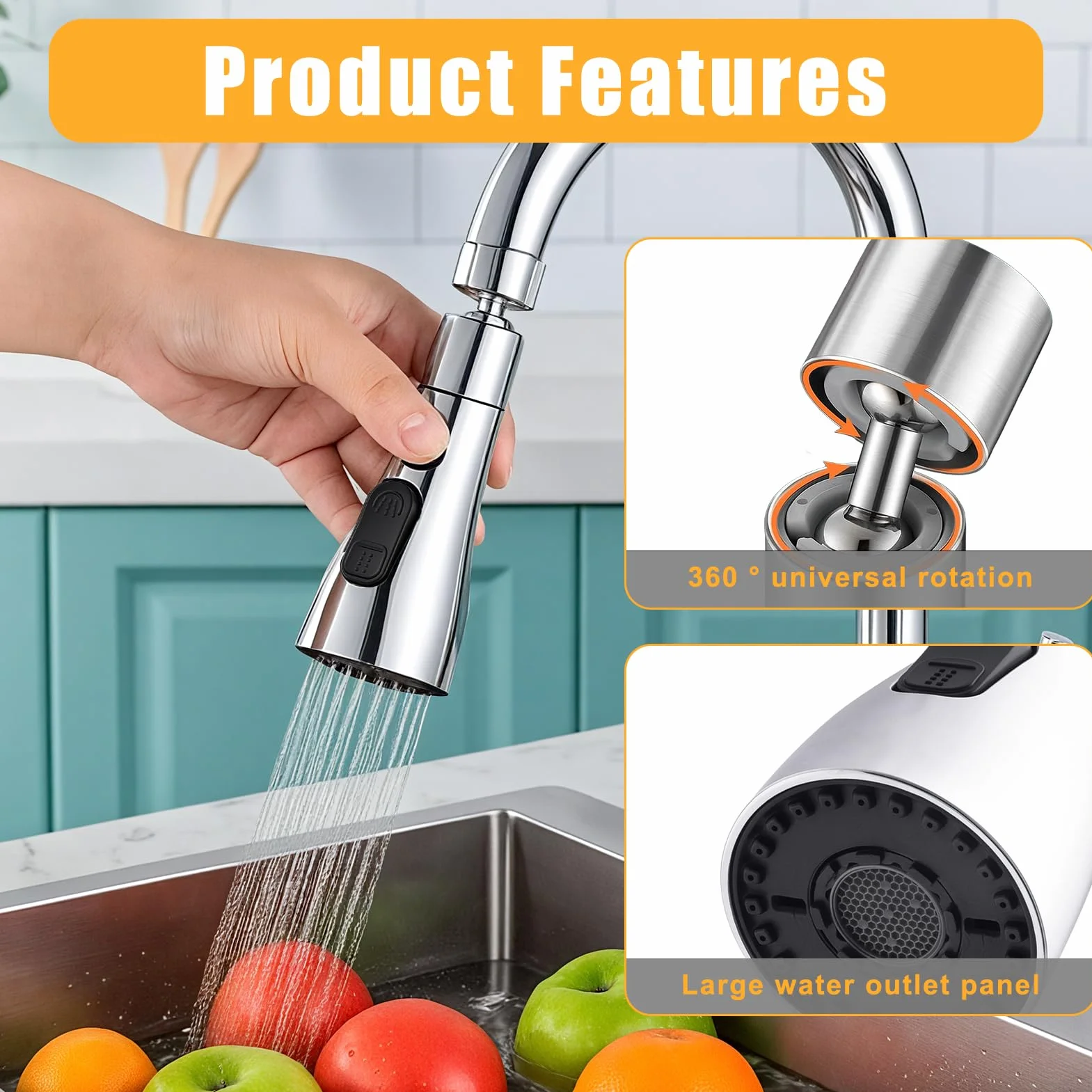 Robinet Cuisine Douchette 360 Degres 3 Modes Embout Aerateur Mitigeur Evier Plastique ABS Universal Orientable
