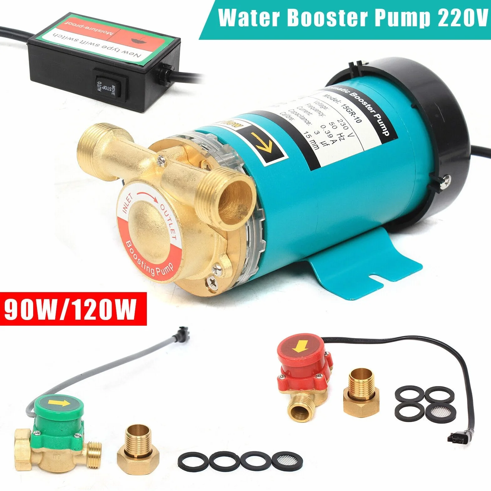 Pompe à eau chaude 120 W - Pompe à pression - Pompe de jardin électrique - 220 V - Pour douches, robinets, machines à laver, chaudières et tuyaux d'arrosage - Tête maximale de 15 m - Contrôle