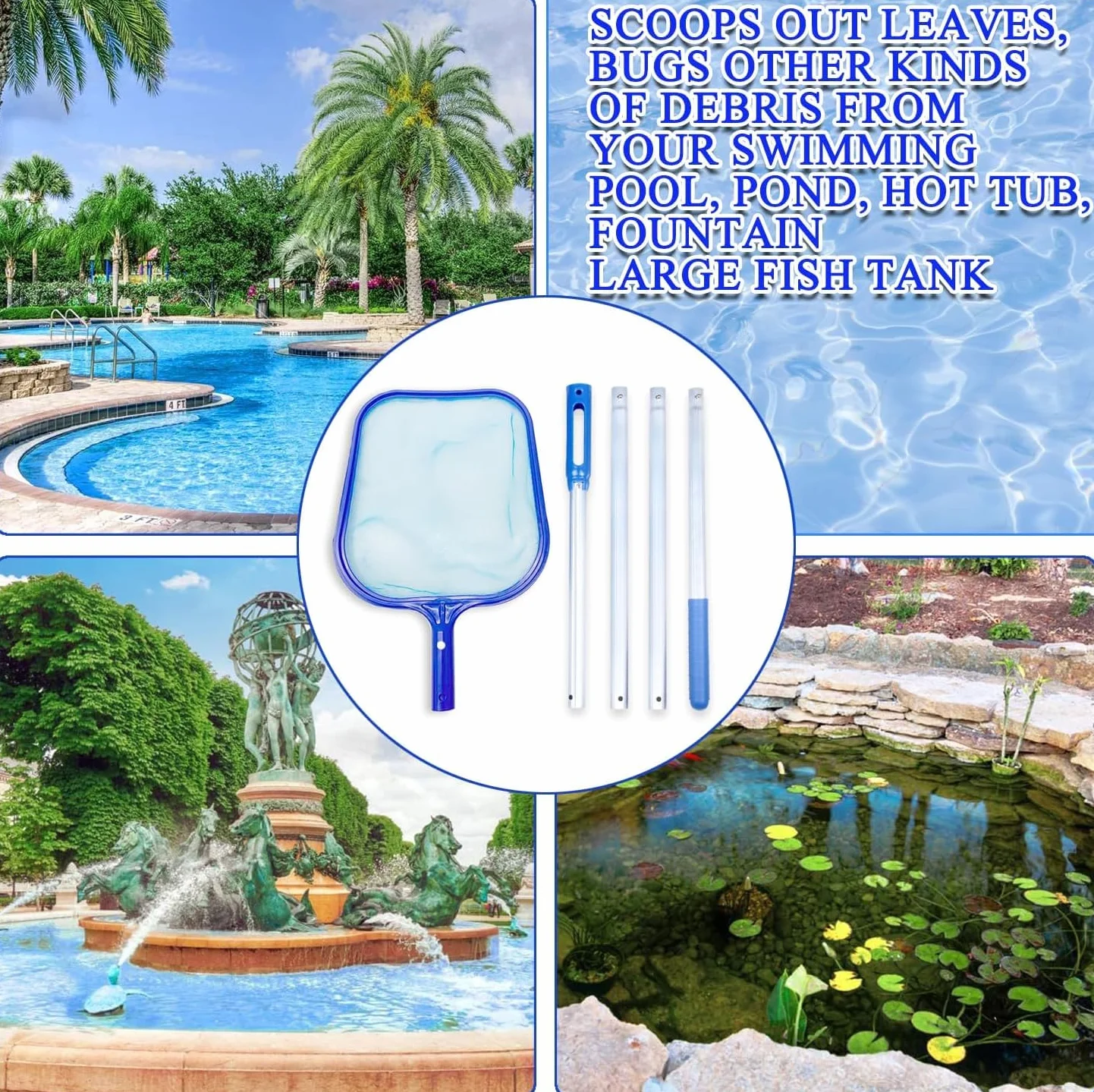 Epesl 182 cm Épuisette de Piscine, Épuisette à Feuilles Filet de Écumoire Fines avec Poignée Détachable en Aluminium, Nettoyager Outil de de Étang pour Fontaine/Spa/Réservoir à Poissons | 182cm