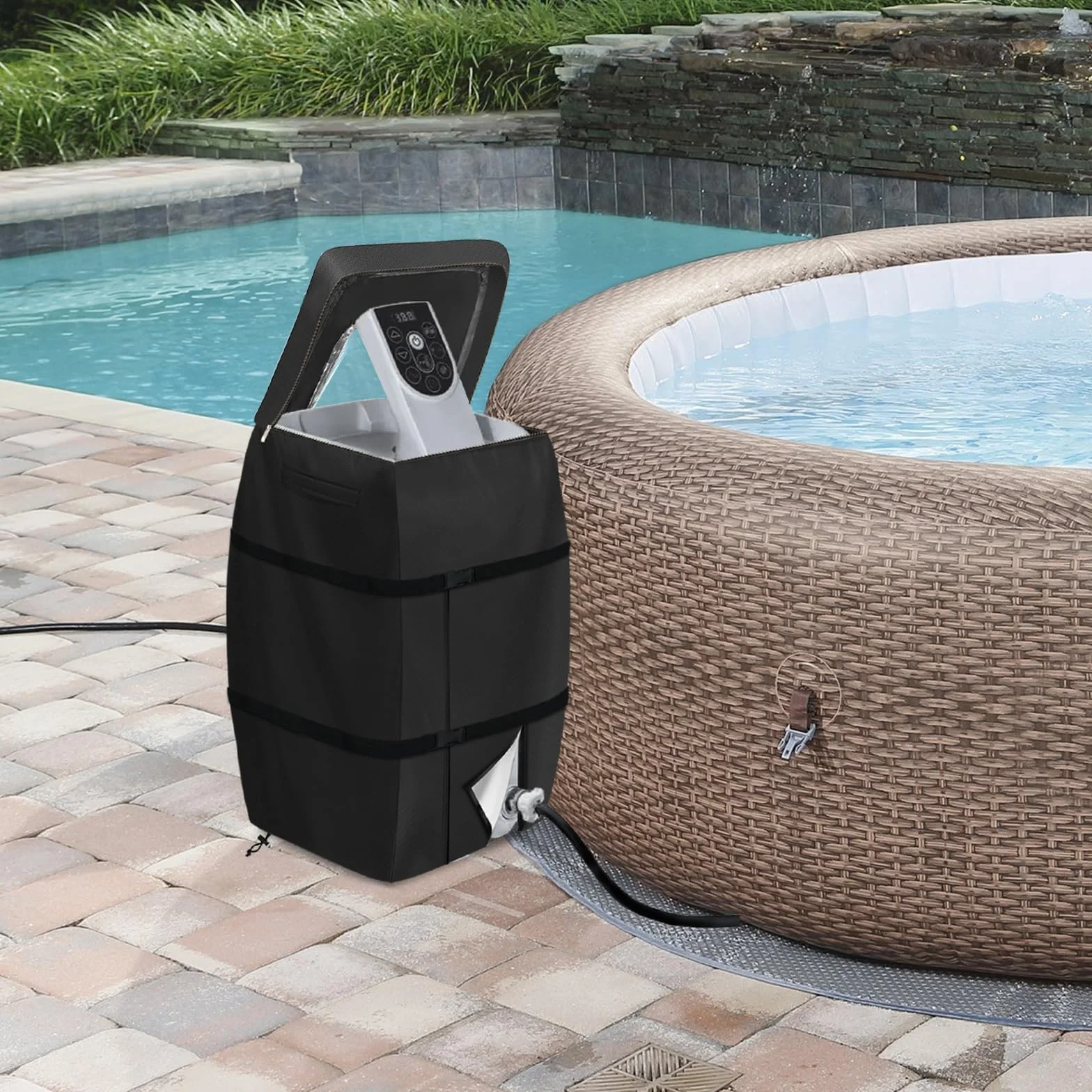 Housse De Chauffage pour Spa, Housse de Pompe de Chauffage avec ouverture à fermeture éclair et dessus en PVC transparent Windo, Imperméable, Aux UV, Abri Pompe Piscine 40 x 37 x 54 cm (Noir)