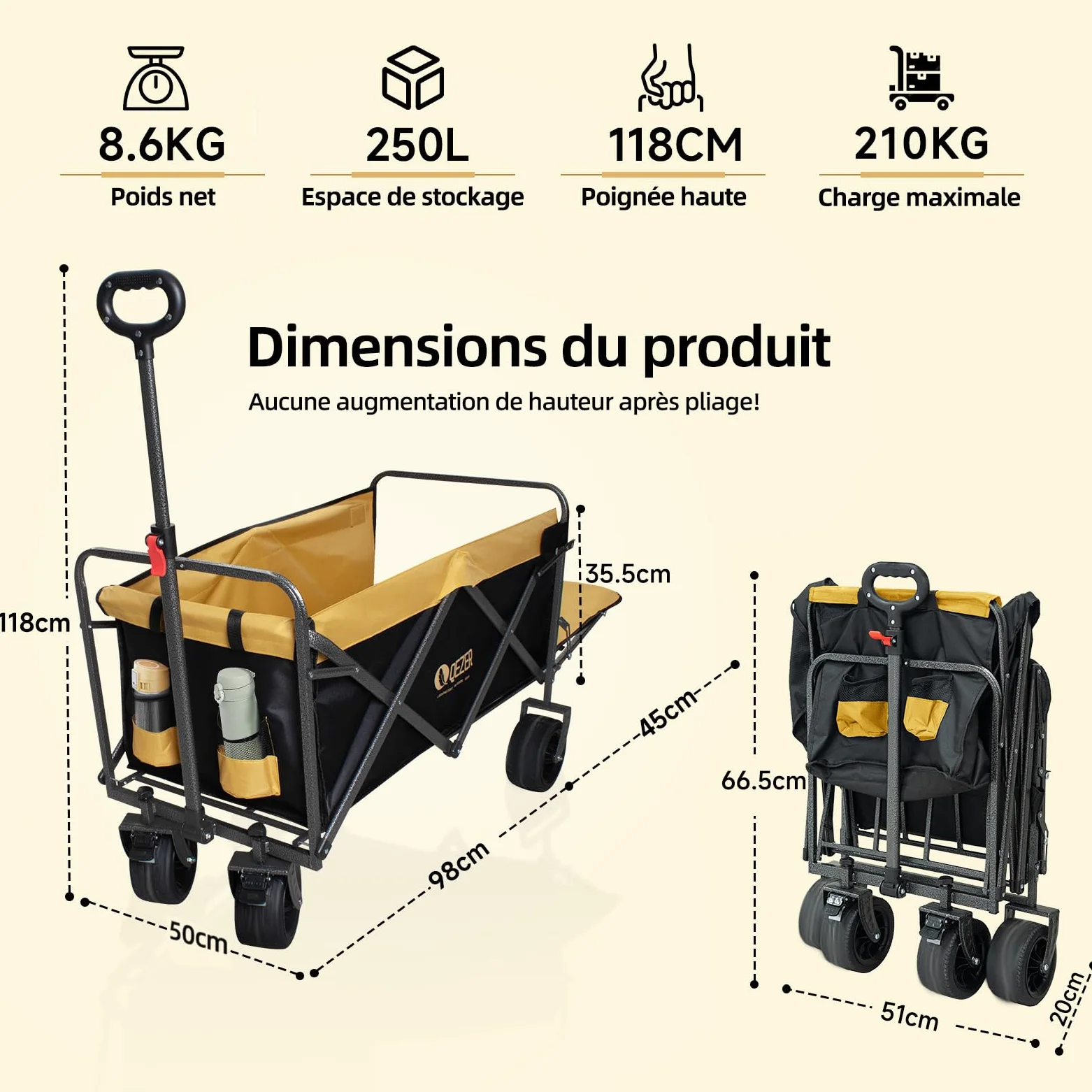 Chariot Pliable avec Roues Tout Terrain,Capacité de Charge 220 kg/270 kg, Chariot de Transport Multifonction pour Plage，Jardin, Camping, Pêche et Barbecue (Noir et Jaune, Grande Taille)