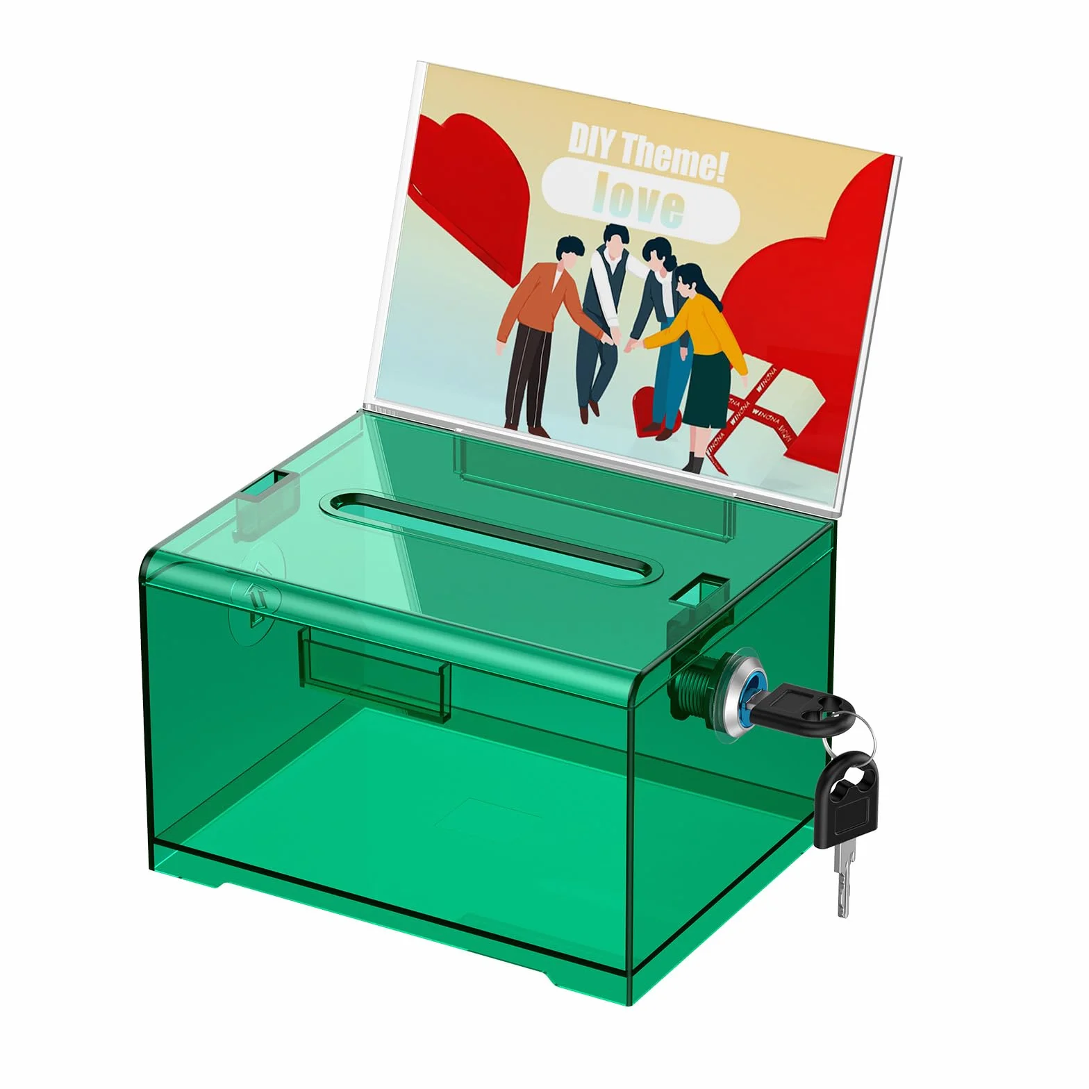 Uniclife Boîte à dons en acrylique avec serrure et porte-pancarte Vert transparent