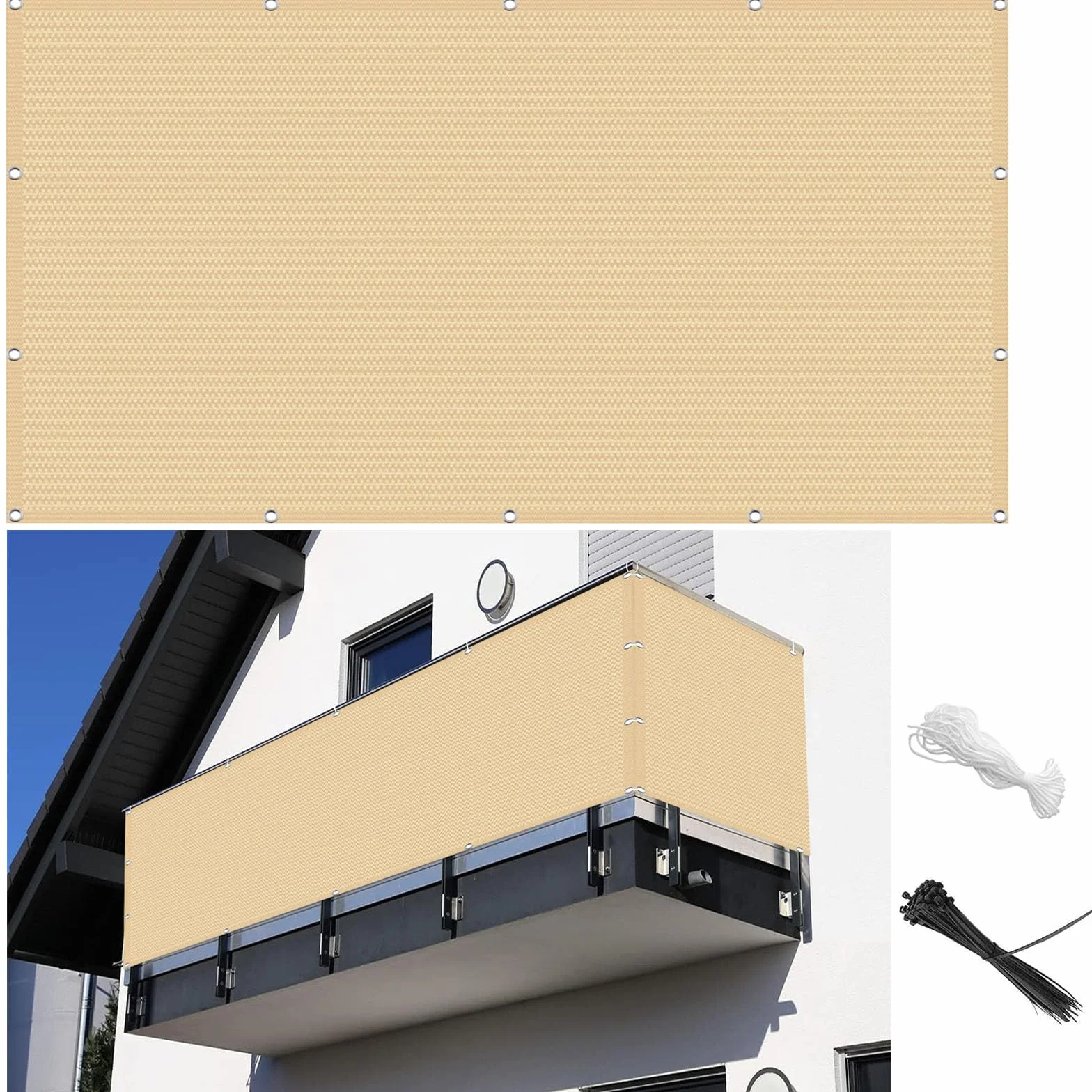 Brise Vue pour Balcon 90 x 270 cm Opaque, Respirabilité, Résistant Au Vent Brise-Vue pour Balcon Jardin avec Oeillets, Attaches de Câble et Cordons, pour Jardin, Jaune Sable