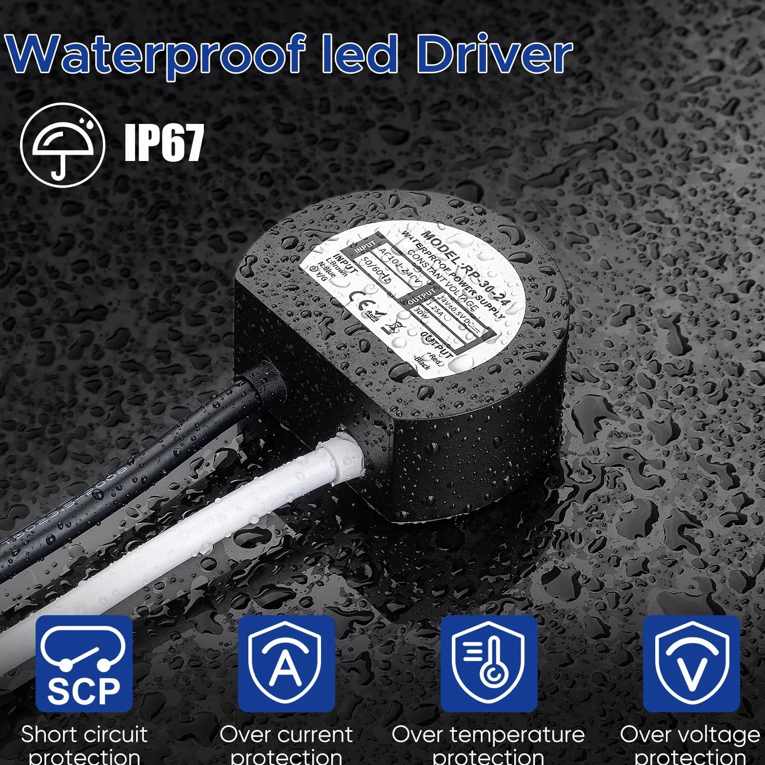 Transformateur LED 24V IP67 étanche 30W 1.25A Driver 220V à 24V