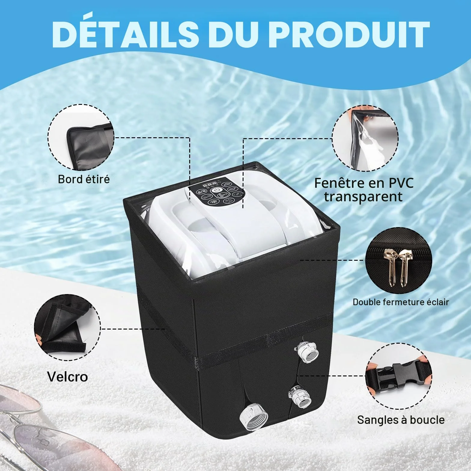 Housse De Chauffage pour Spa, Housse de Pompe de Chauffage avec ouverture à fermeture éclair et dessus en PVC transparent Windo, Imperméable, Aux UV, Abri Pompe Piscine 40 x 37 x 54 cm (Noir)