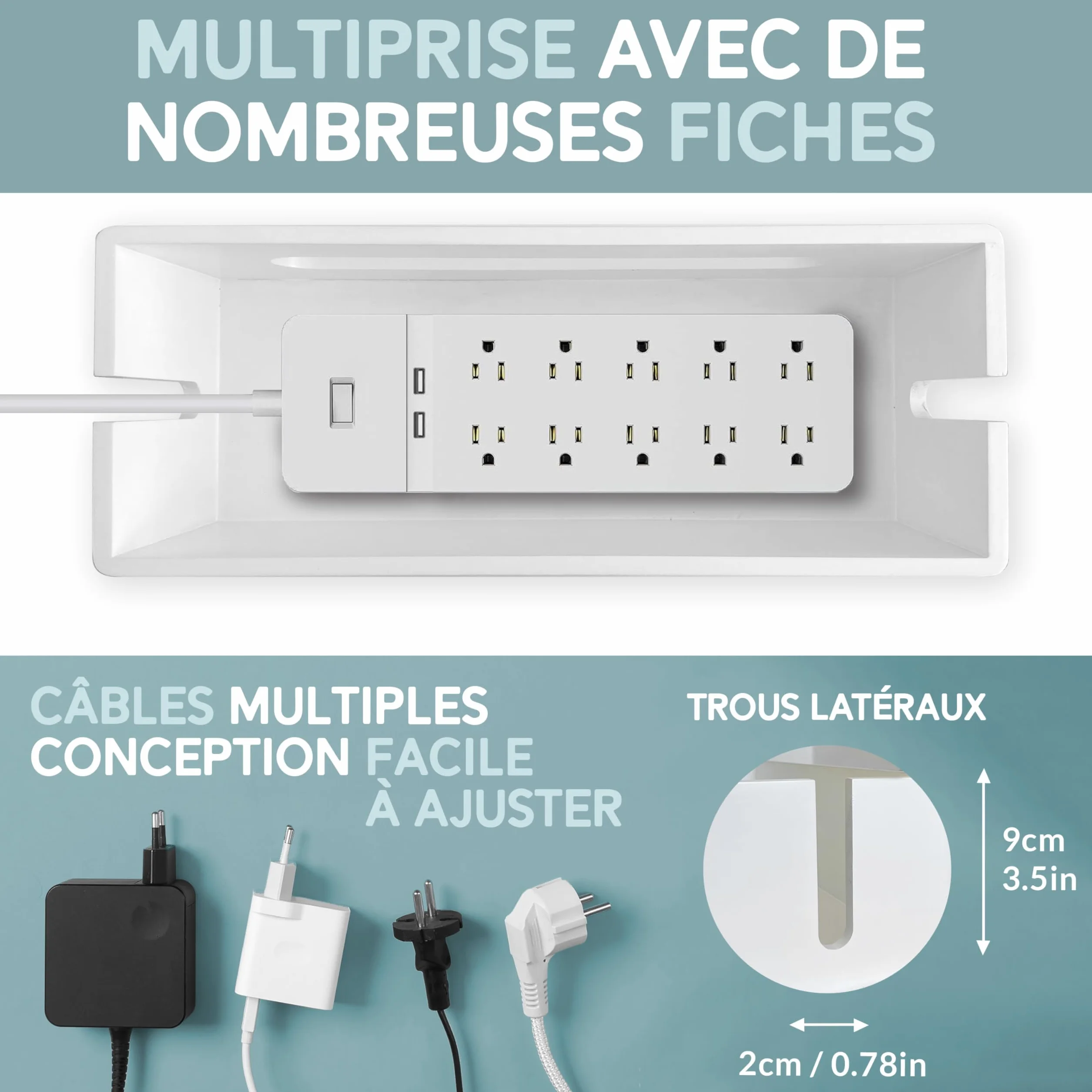 Lot de 2 Boîte de Rangement de Câbles en Bois Rustique pour Bureau TV Ordinateur USB Blanc