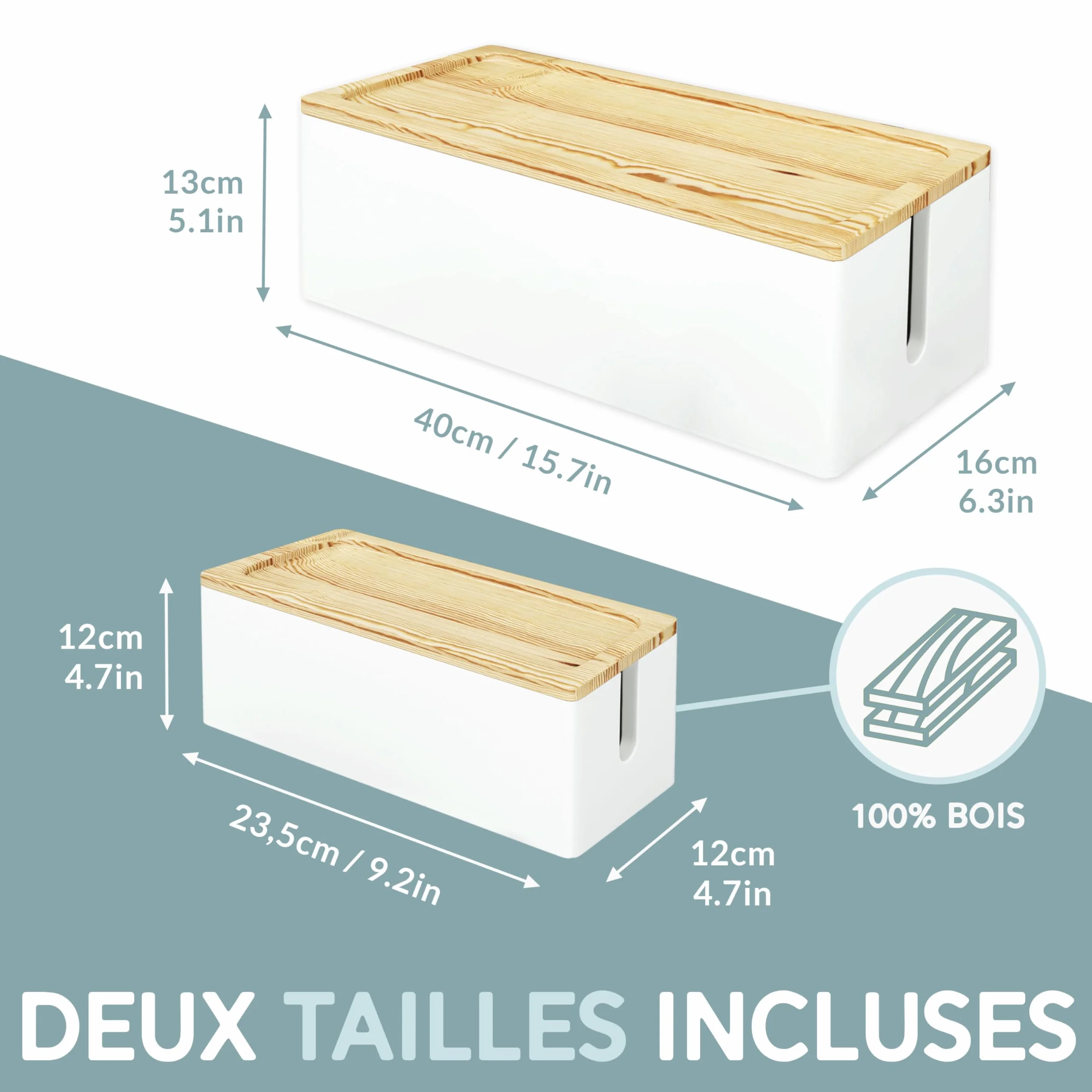 Lot de 2 Boîte de Rangement de Câbles en Bois Rustique pour Bureau TV Ordinateur USB Blanc