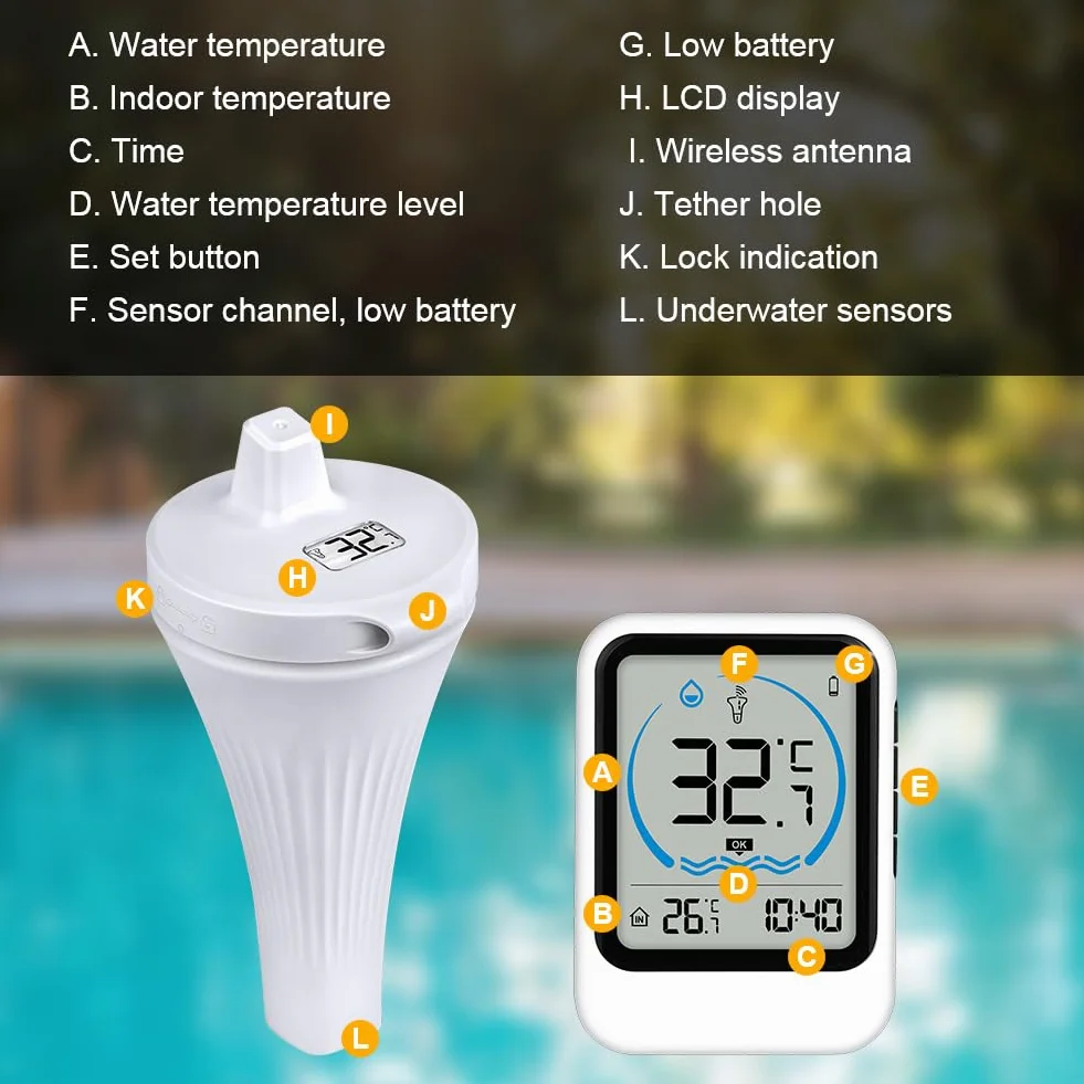 OFFCUP Thermomètre Piscine Flottant Sans Fil IP67 Étanche Numérique Intérieur Extérieur