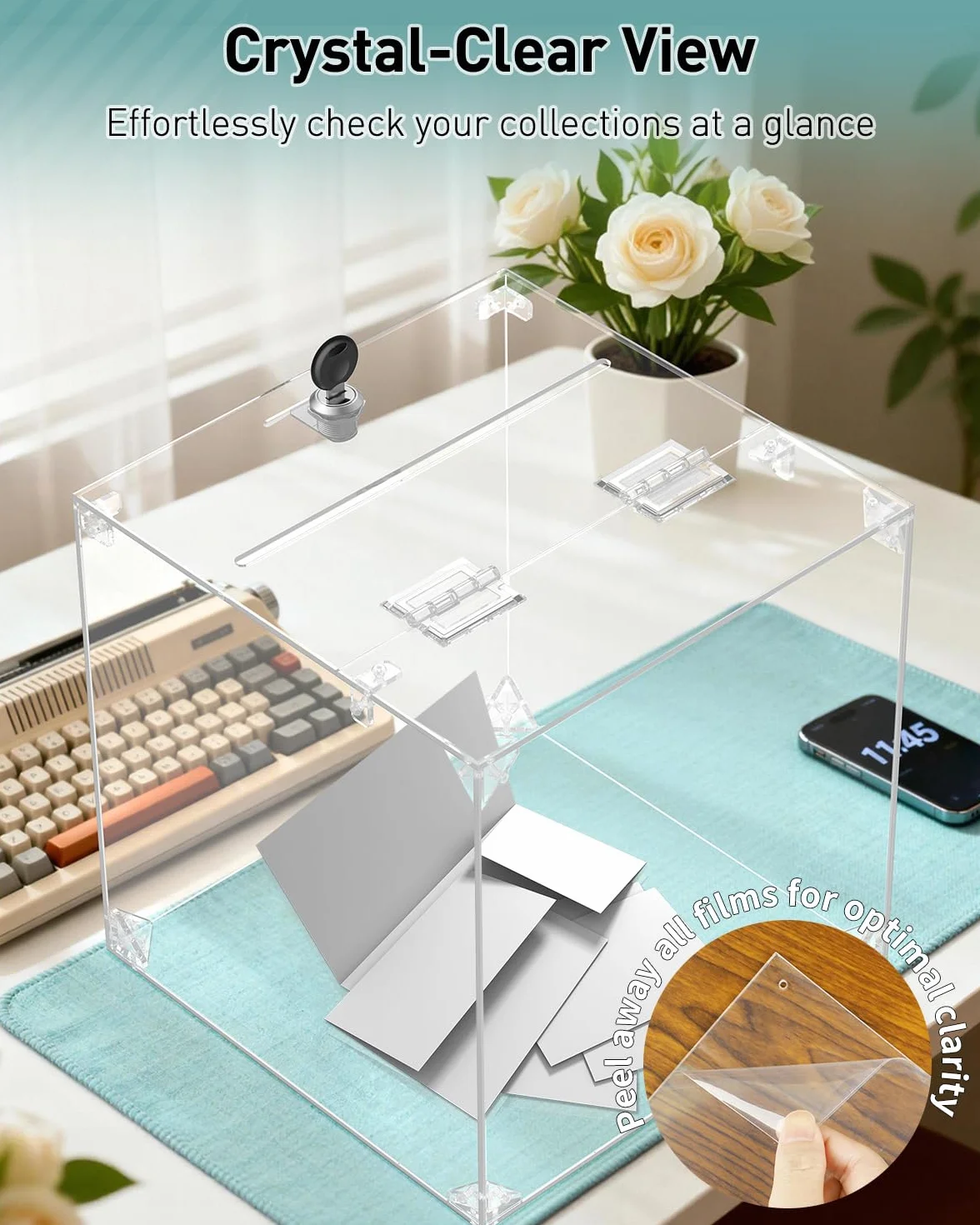 Uniclife Transparent Acrylic Donation Box with Lock 25x25x25 cm Square Suggestion Box