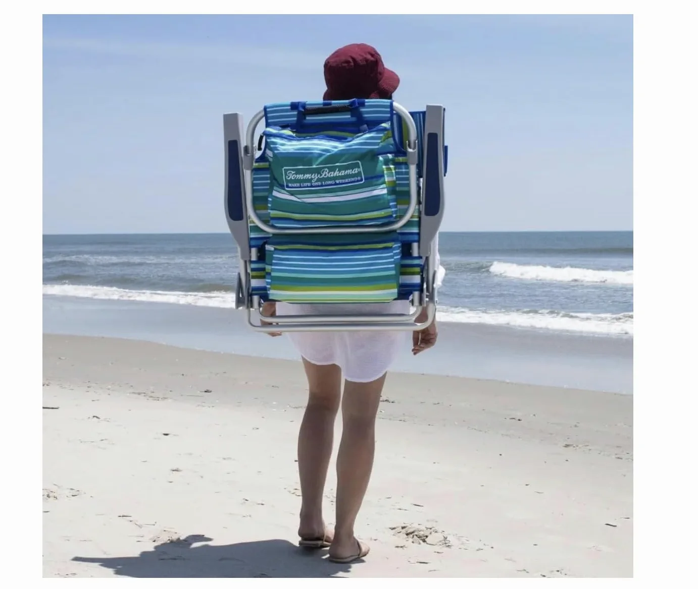 Tommy Bahama Lot de 2 chaises de Plage à 5 Positions, Pochette Cargo Isotherme à Fermeture éclair, Porte-gobelets et téléphone Portable, Barre de Serviette, Oreiller pour Plus de Confort, capacité de