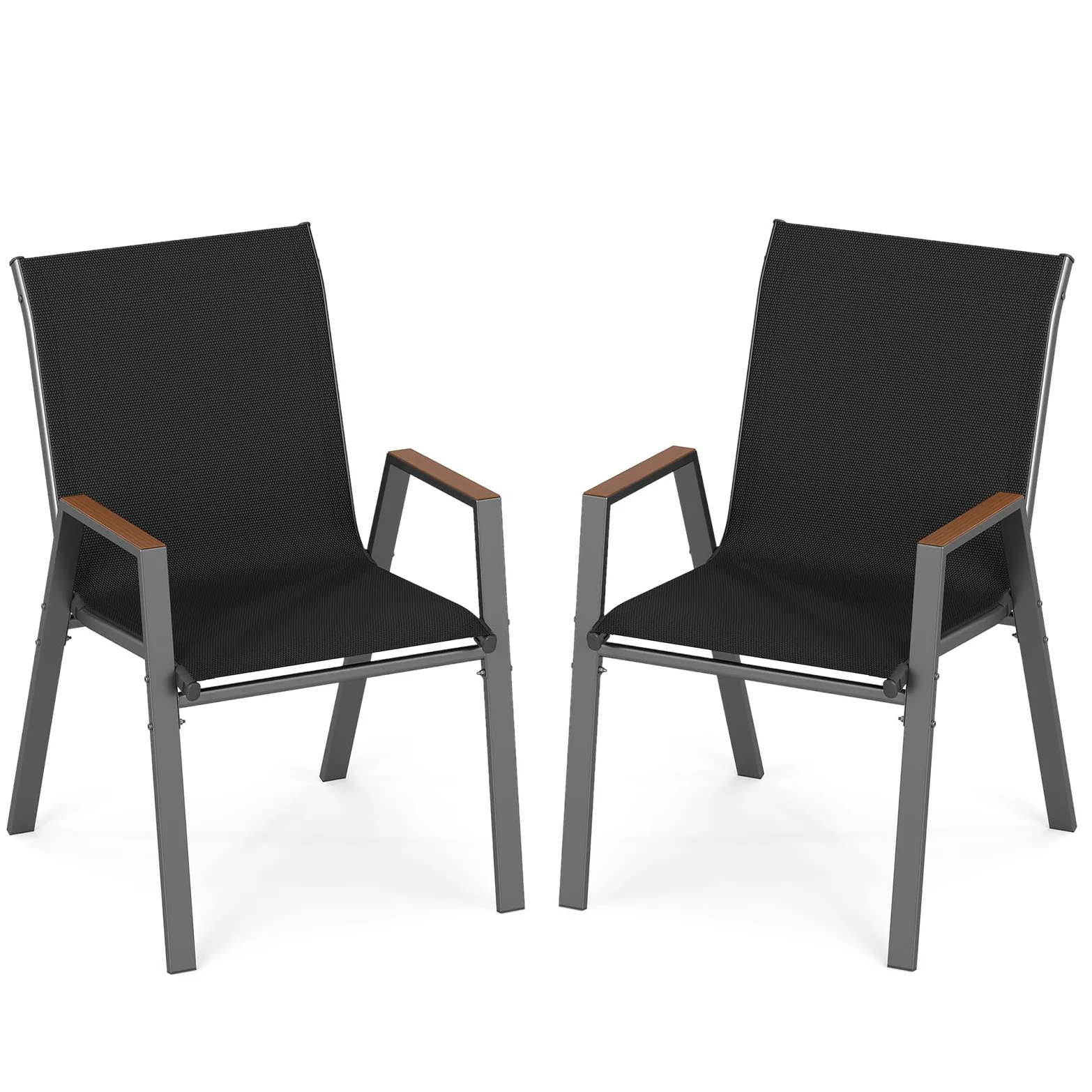 COSTWAY Lot de 2/4 Chaises de Jardin Exterieur, Fauteuils Empilable, Charge 180 kg, Tissu Respirant, Structure en Métal, Chaise Exterieur pour Jardin Cour Balcon, 56 x 66 x 88 cm (Noir,2)