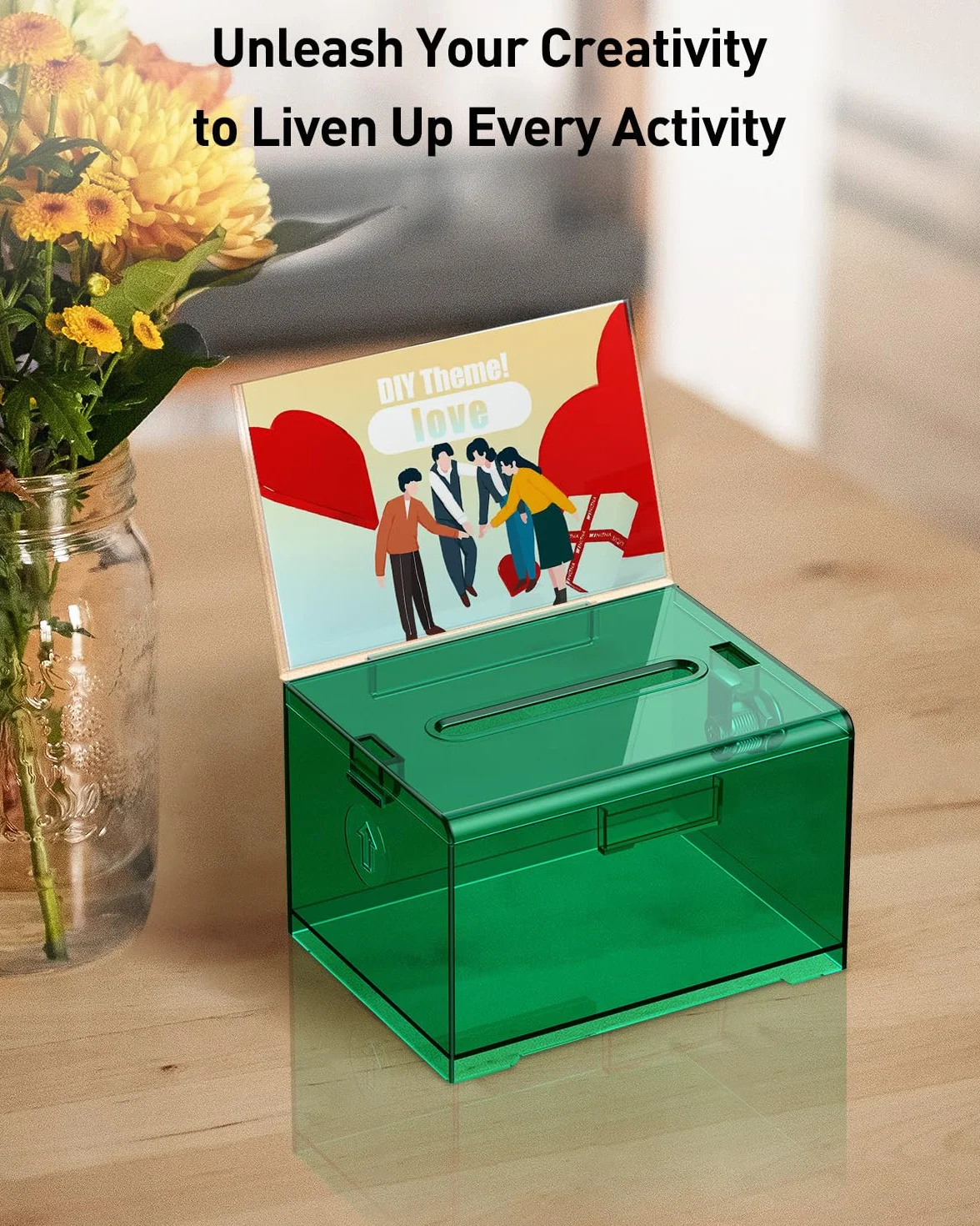 Uniclife Boîte à dons en acrylique avec serrure et porte-pancarte Vert transparent