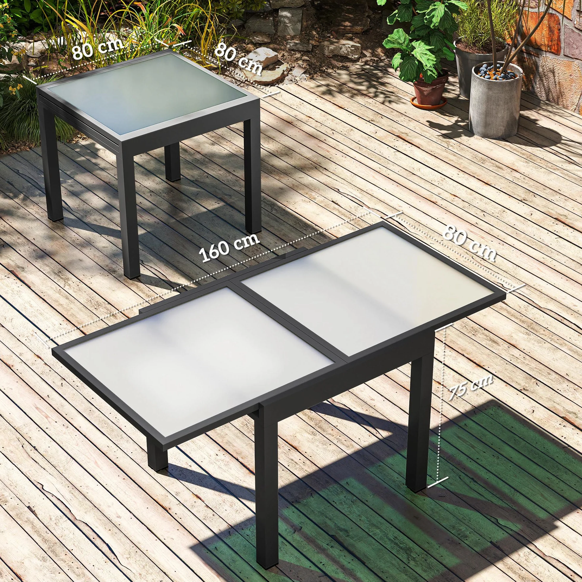 Outsunny Table Extensible de Jardin Grande Taille 160 x 80 x 75 cm Verre Trempé Aluminium Gris