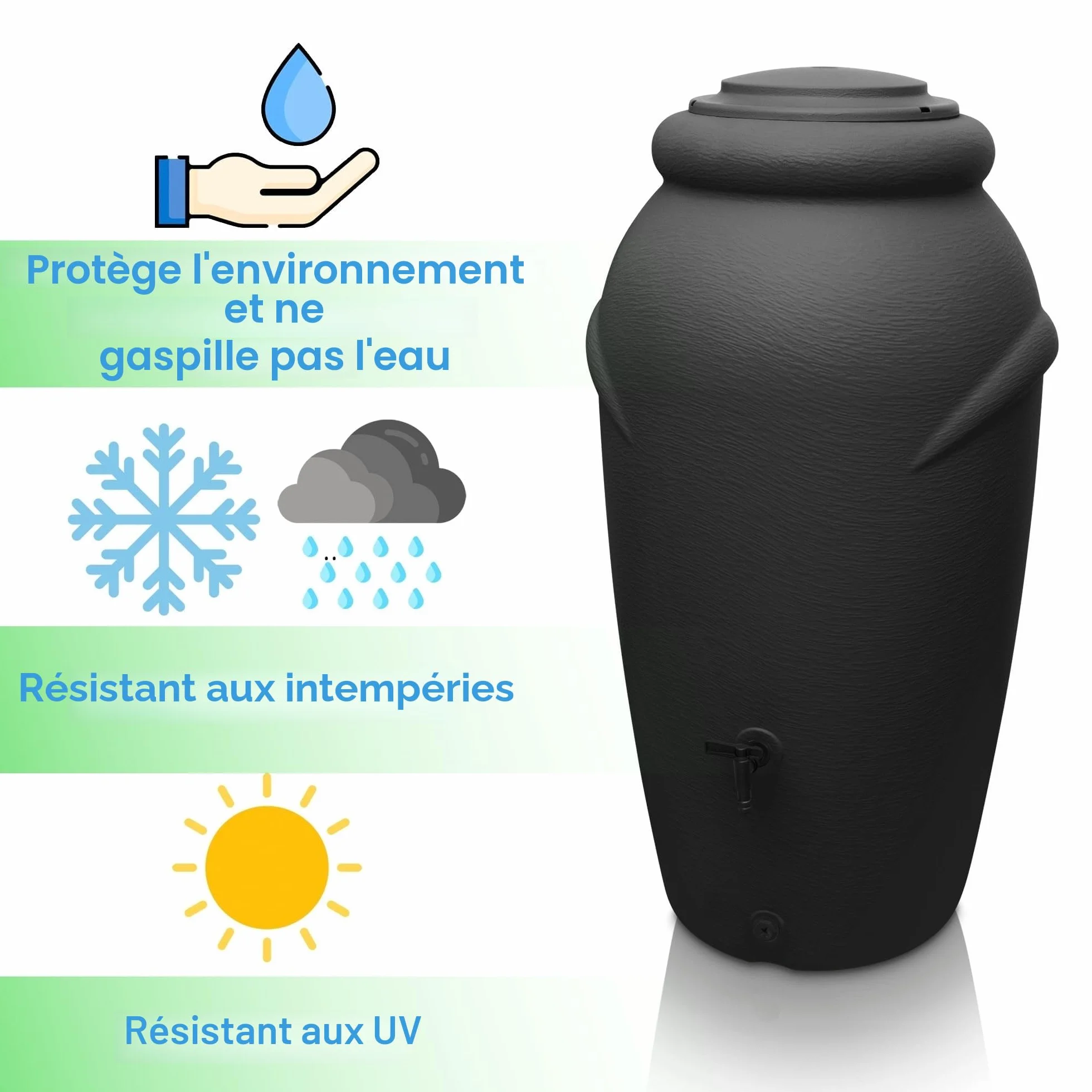 YourCasa Récupérateur Eau de Pluie 210L Design Amphore Tonneau de Pluie résistant au Gel Plastique avec Robinet Anthracite