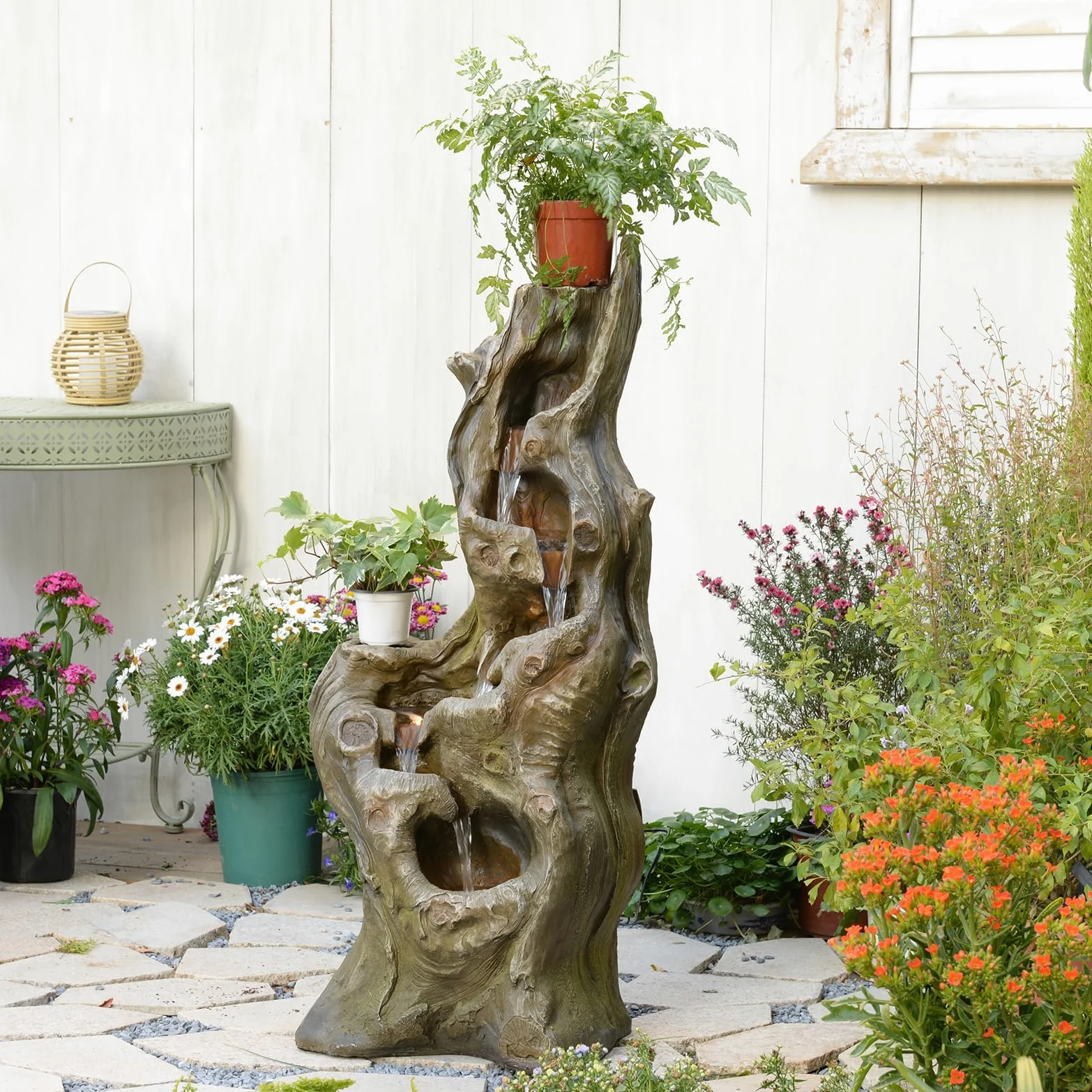 Bumilgar Caractéristiques d'eau de jardin 5 niveaux Grande cascade réaliste Tronc d'arbre naturel Fontaine extérieure en résine Imitation bois avec lumières LED pour jardin, patio, terrasse 101 CM