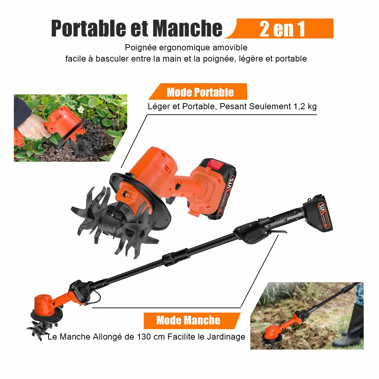 Motobineuse Électrique Sans Fil, 21V Motoculteur Portable avec Batterie et Charge, 235 RPM, Manche Amovible, Largeur/Profondeur de Travail 10/10 cm, Cultivateur pour Yard, Culture du Sol (2 Batteries)