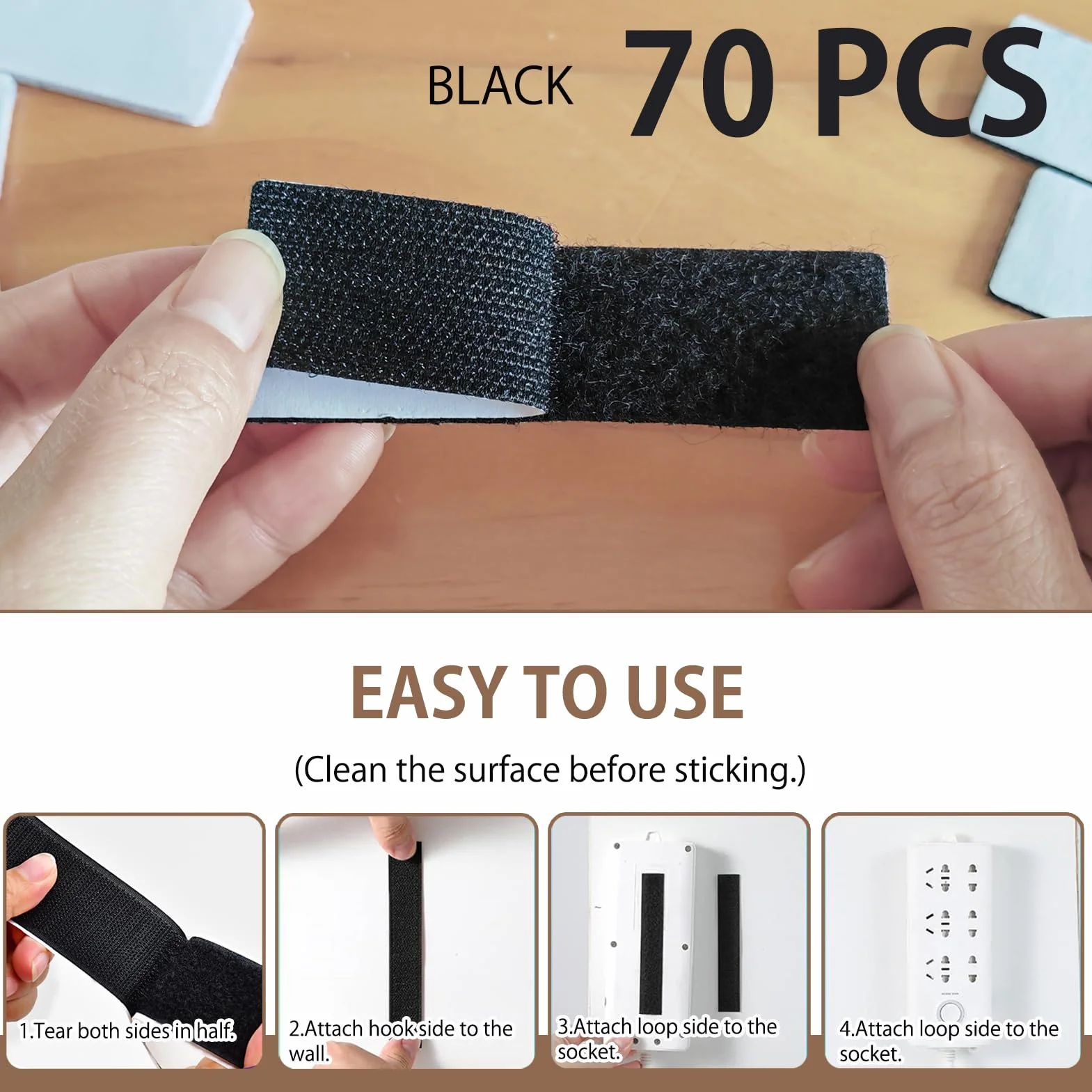 Lot de 70 bandes adhésives double face 10,16 cm crochet et boucle - Fixation sans trous ni vis - Noir