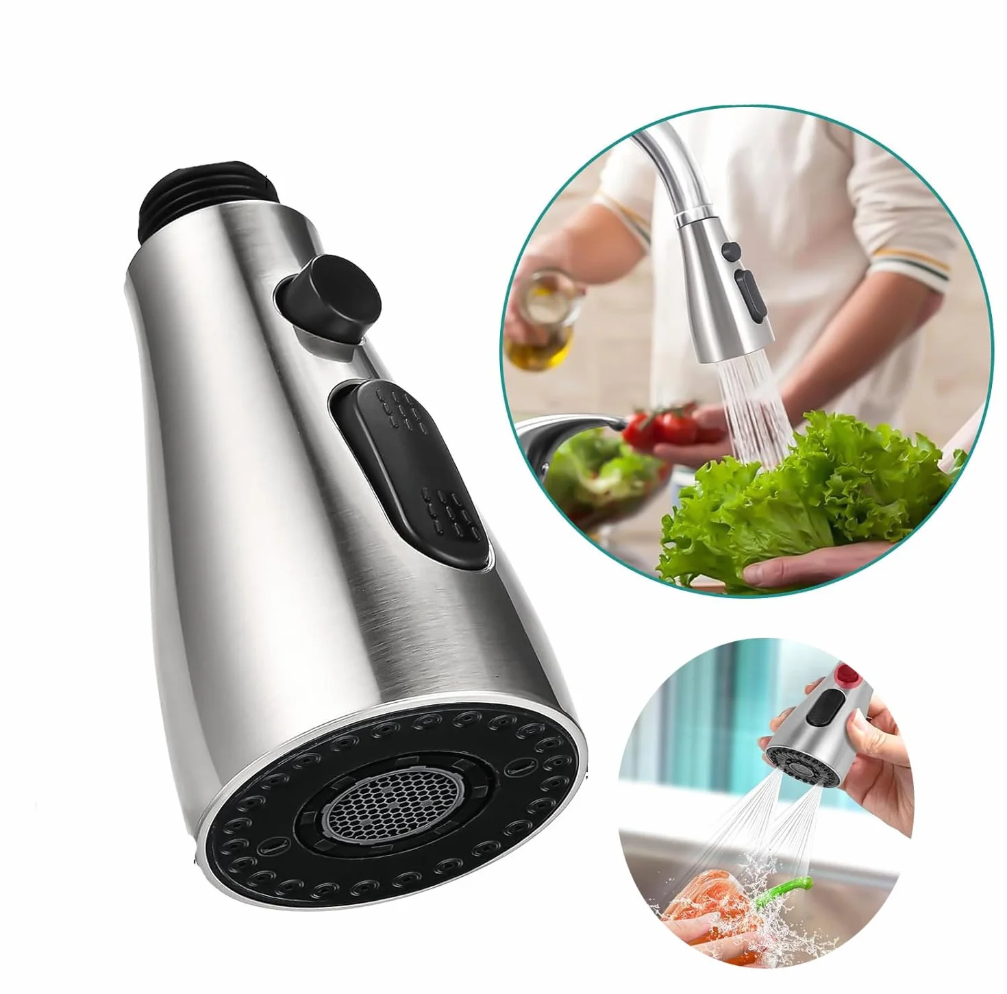 Douchette de Robinet de Cuisine 3 Modes 360° avec Bouton Pause et 9 Adaptateurs Universels