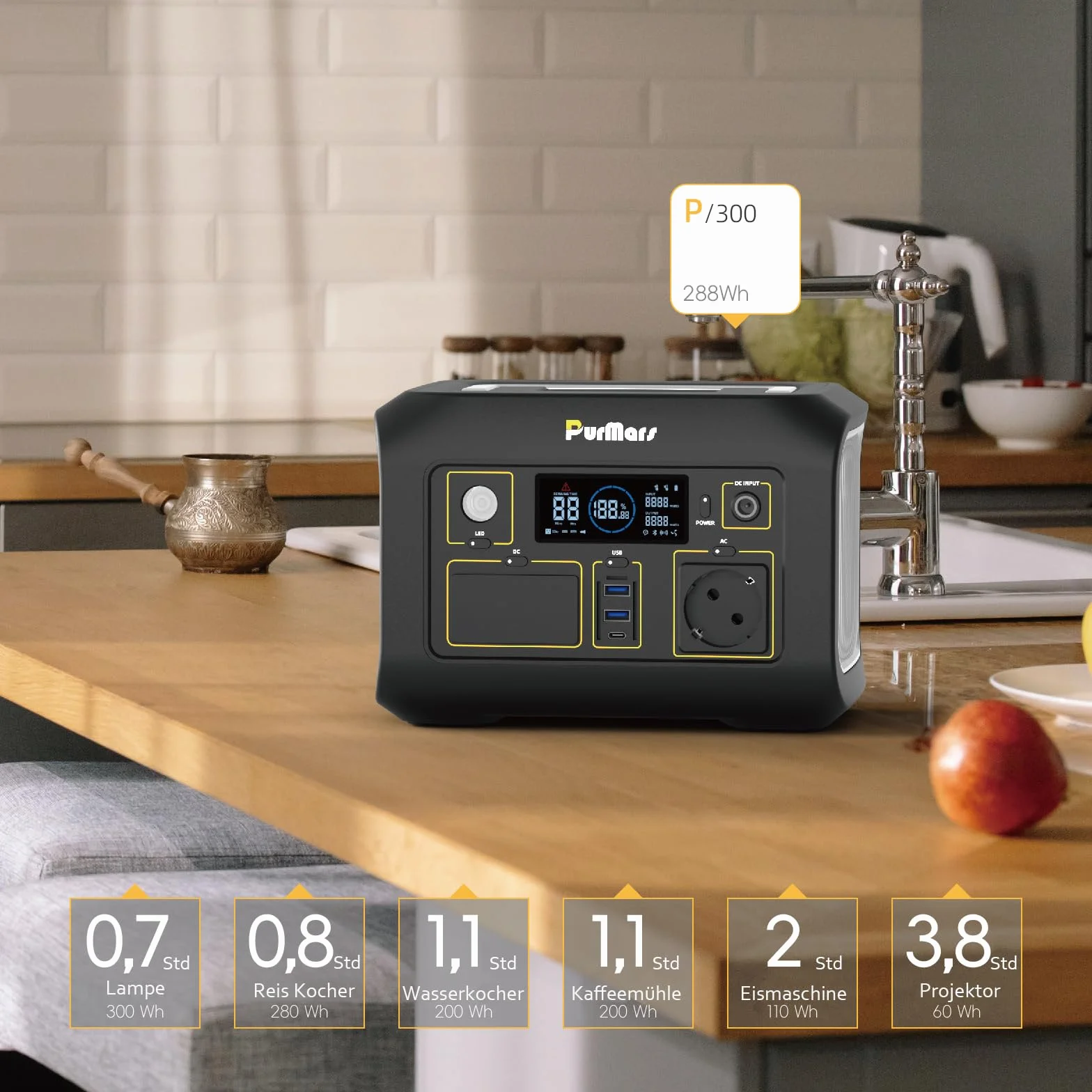 Power Station portable 300W (max. 500W), 288Wh, mémoire 230V AC USB-PD60W, lampe de poche LED, Lifepo4, générateur solaire extérieur, camping, alimentation d'urgence
