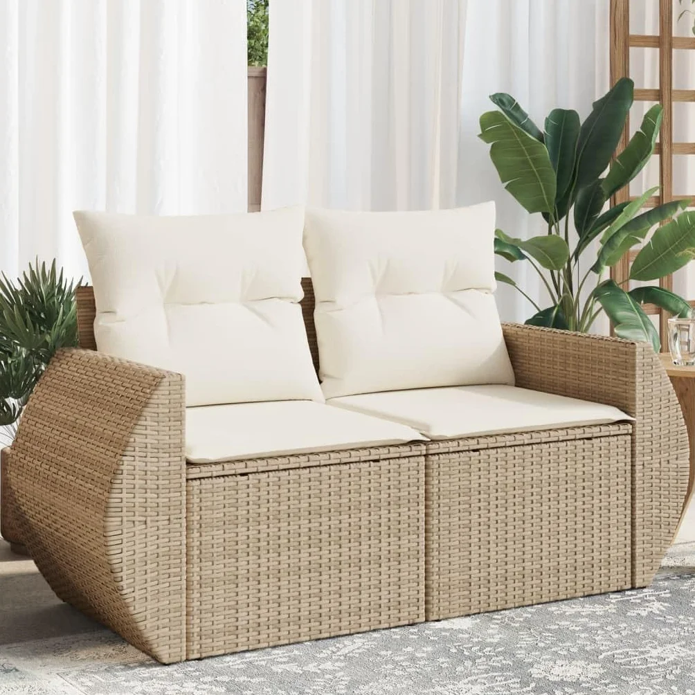 vidaXL Canapé de Jardin avec Coussins 2 Places, Siège avec Housse, Meuble de Terrasse Patio Balcon Extérieur, Beige Résine Tressée