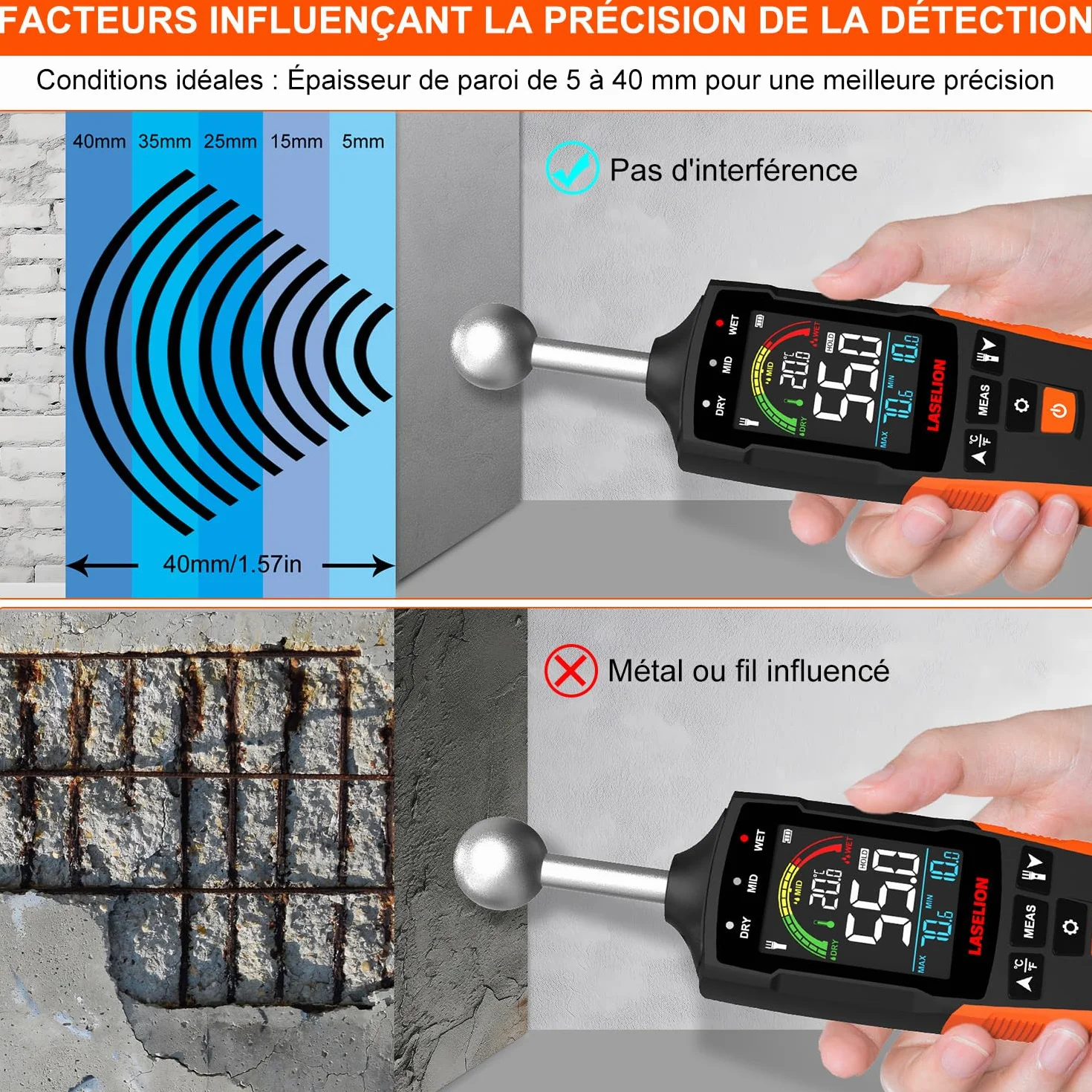 Testeur Humidité Mural MS04 Capteur Sphérique Mesures Non Destructeur Bois Murs Matériaux Construction Alarmes Personnalisables Affichage Température