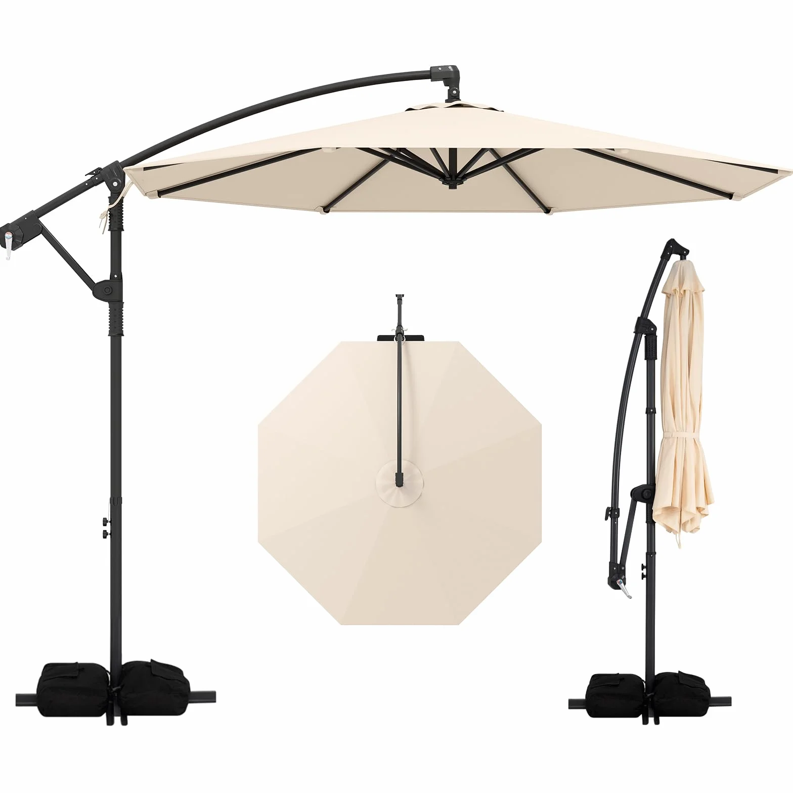 COSTWAY Parasol Déporté 3 x 3M, Parasol de Jardin Extérieur avec Pied, Rotation 360°, Anti-UV, 8 Baleines, Beige