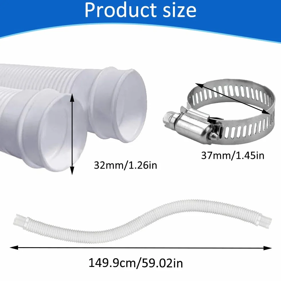 2 Pièces Tuyau Piscine 32mm,149,9cm Tuyau Piscine avec 4 Pinces Métalliques,pour Pompe à Filtre Eau Arrosage Bassin Piscine Hors Sol,pour Intex 530 GPH et 1000 GPH(Blanc)