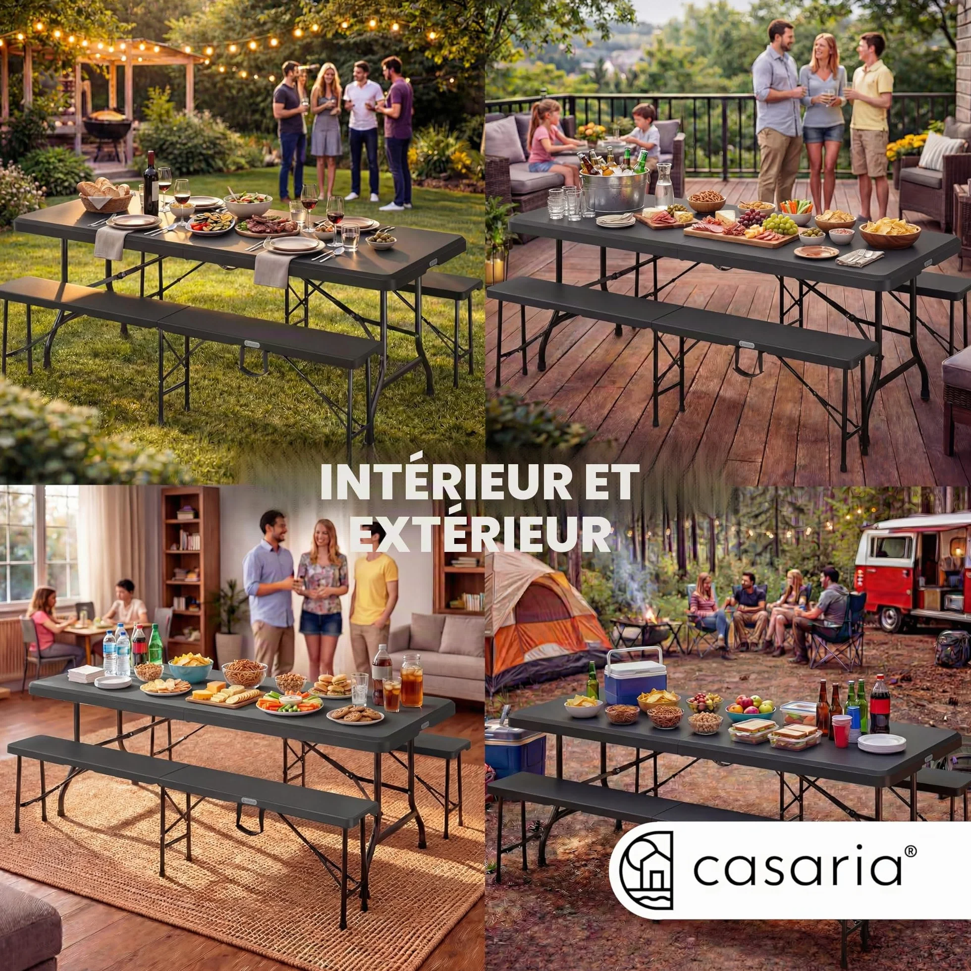 CASARIA Ensemble Table Pliante et 2 Bancs 180 cm Table de Jardin 8 Personnes
