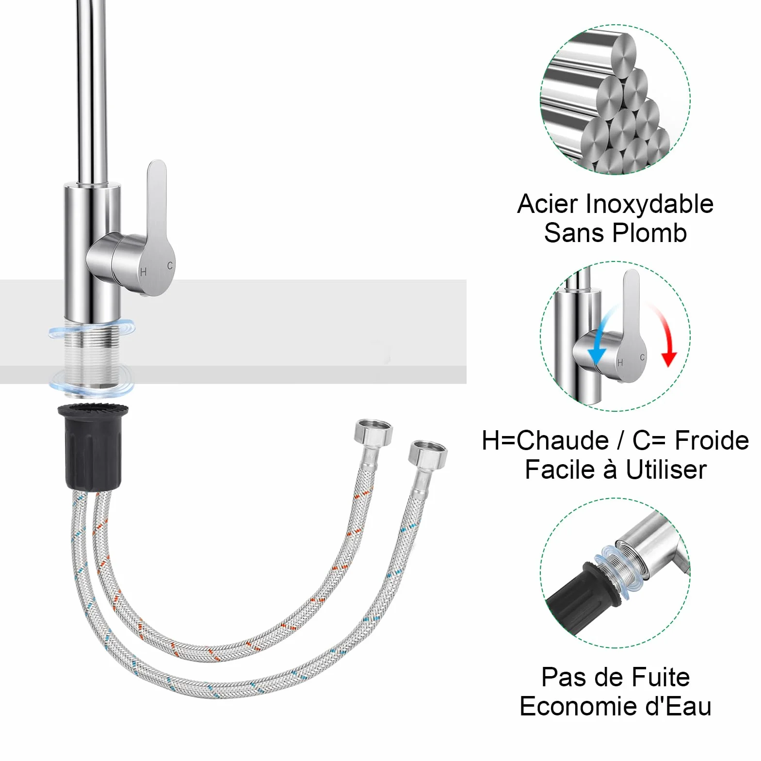 Mitigeur Cuisine Acier Inox Bec Pivotant 360° Monocommande Tuyau Flexible G3/8 x M10