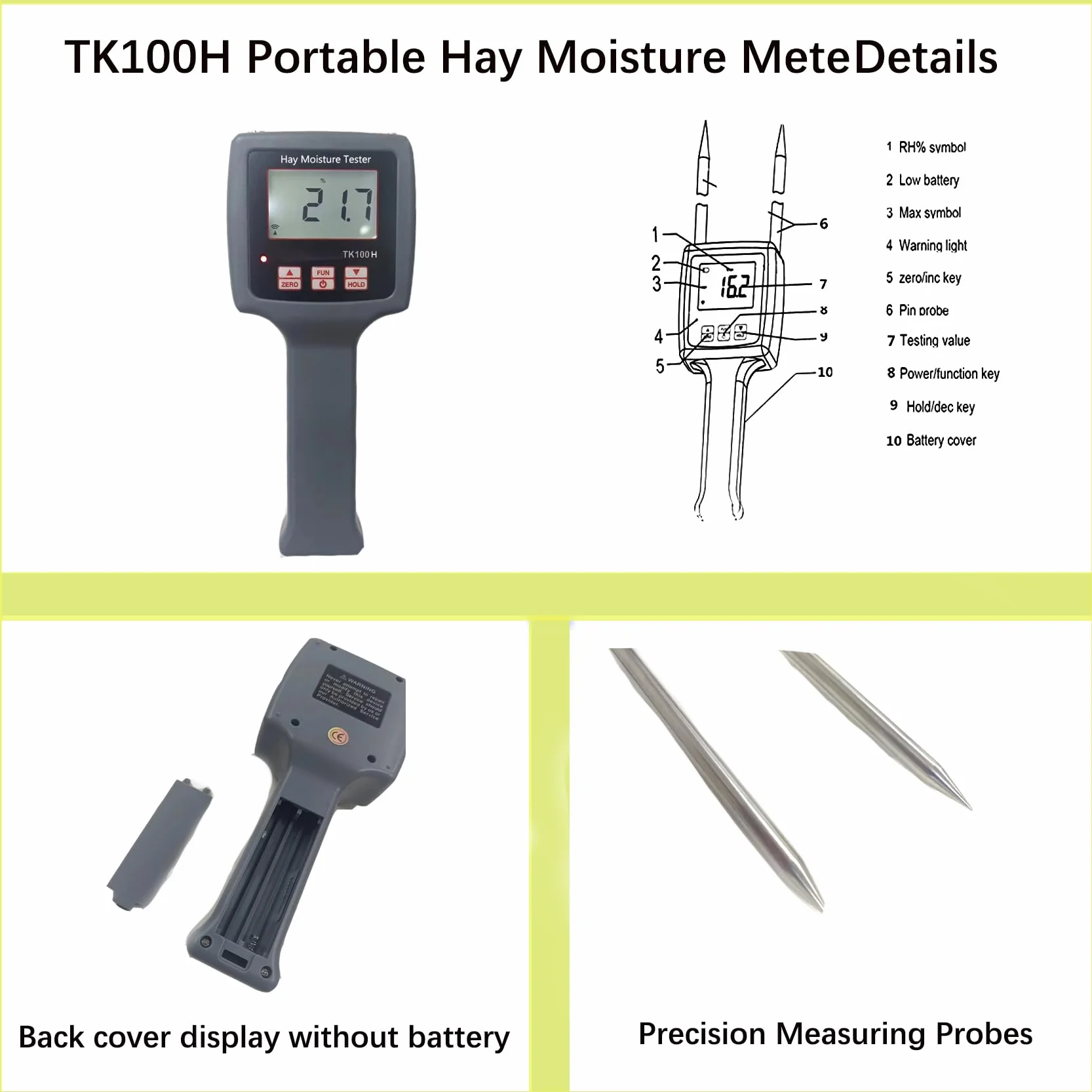 TK100 Humidimètre portable pour foin avec longue sonde