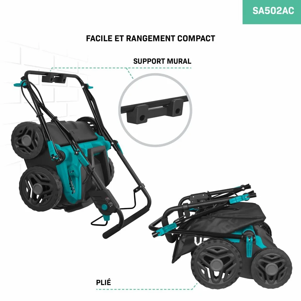 VONROC Scarificateur - Aérateur - 1500W - largeur de coupe 36 cm - 5 réglages : 4 réglages de profondeur de coupe (12/9/6/3 mm) + 1 mode transport (+10mm) - bac de ramassage 45L inclus