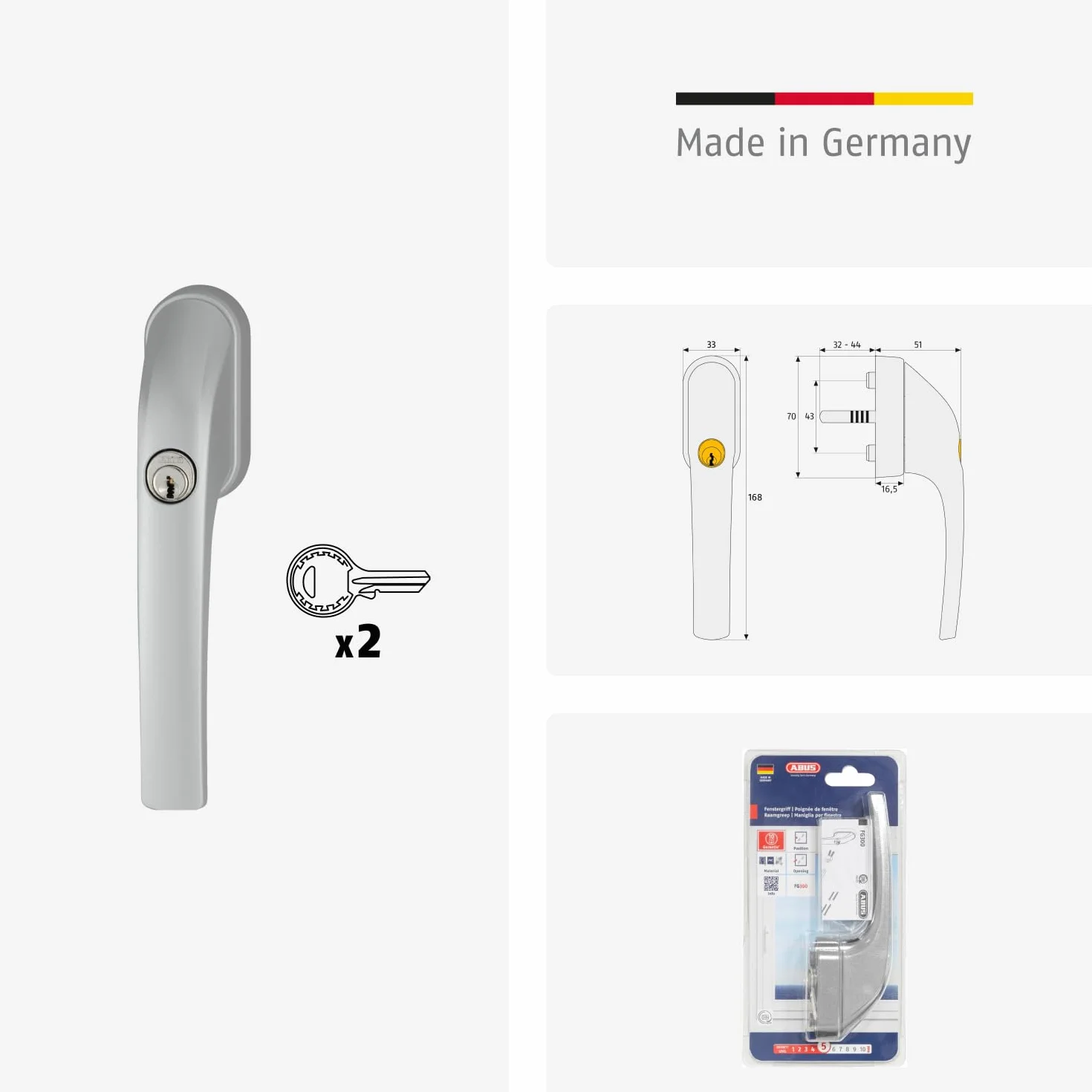 ABUS FG300 Poignée de Fenêtre Verrouillable avec Cylindre Poussoir, Sécurité Niveau 5, Argent
