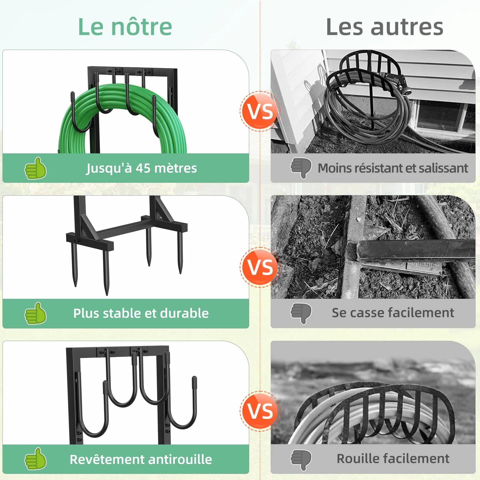 Support pour Tuyau d'arrosage 109,5 cm Enrouleur Métallique 45 mètres 4 Crochets Jardin