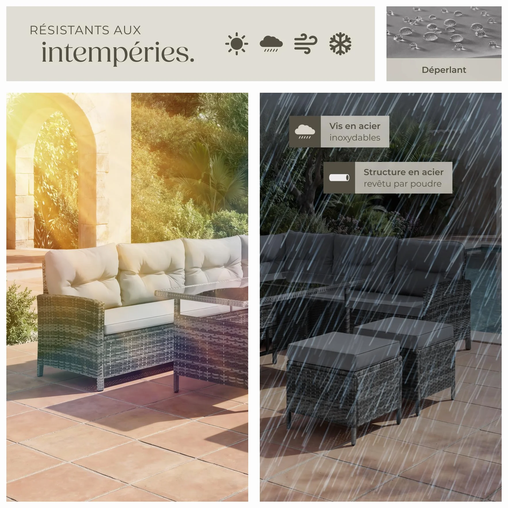 tectake Salon de Jardin Exterieur Rotin Modulable Canape Angle Table Verre 2 Tabouret Pouf Coussins Inclus