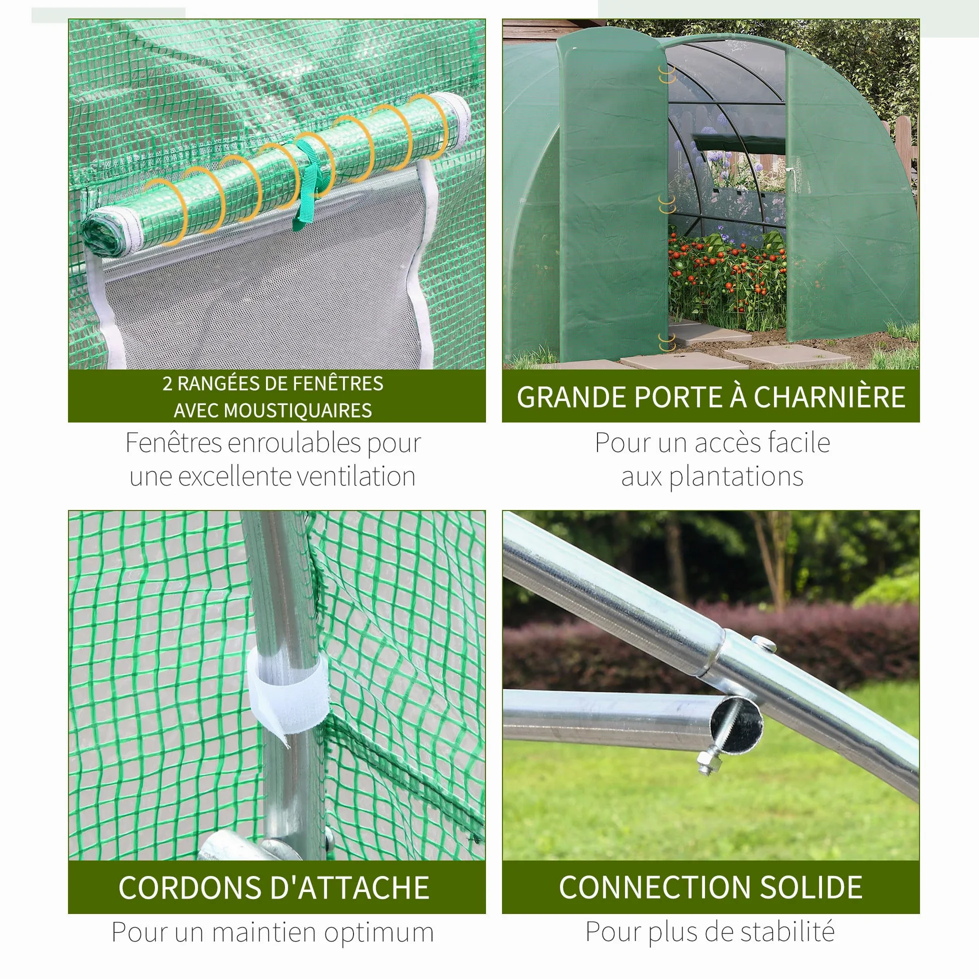 Outsunny Serre de Jardin Tunnel 12 m² 4L x 3l x 2H m Acier galvanisé renforcé + PE Haute densité fenêtres Porte Vert