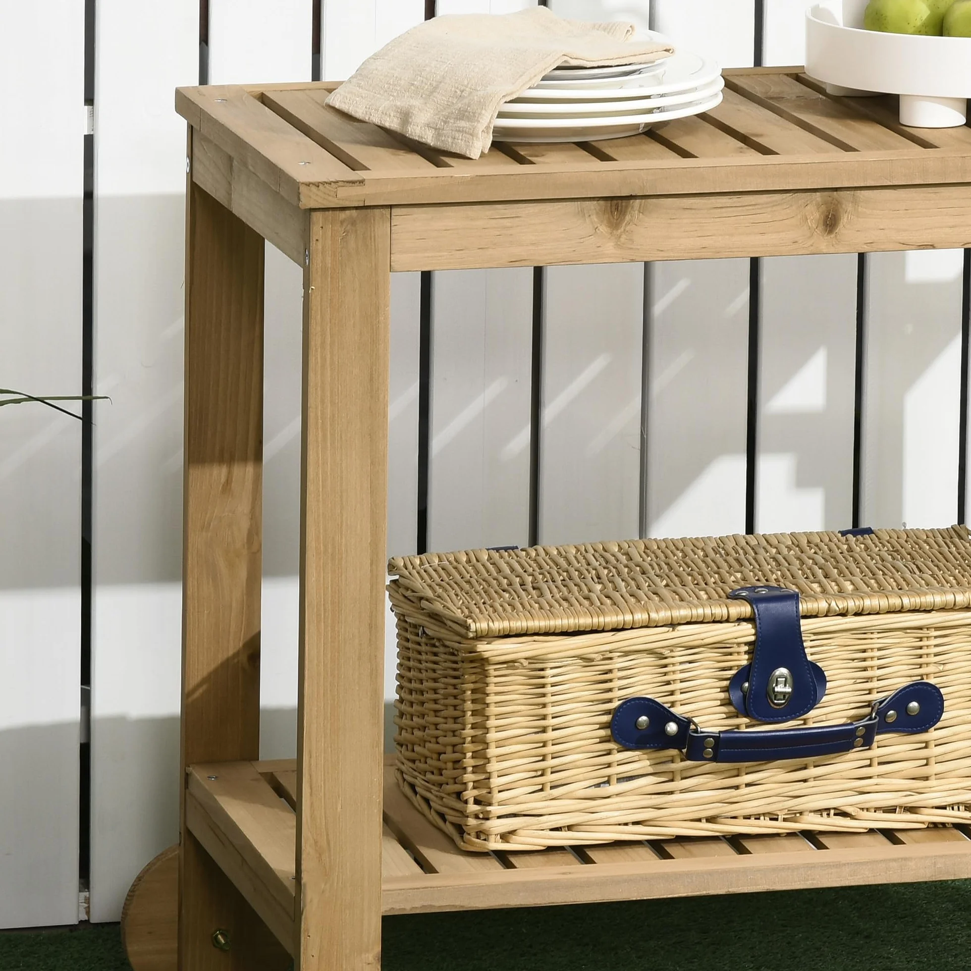 Outsunny Desserte de Jardin pour Plancha et Barbecue en Bois avec Chariot 95 x 47 x 74 cm