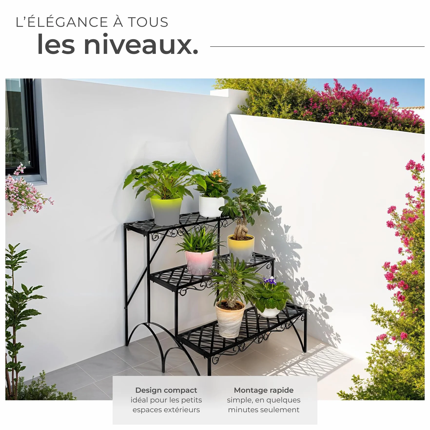 Tectake Étagère escalier droite Porte plante 3 niveaux métal 60 x 60 x 60cm Charge max 30kg