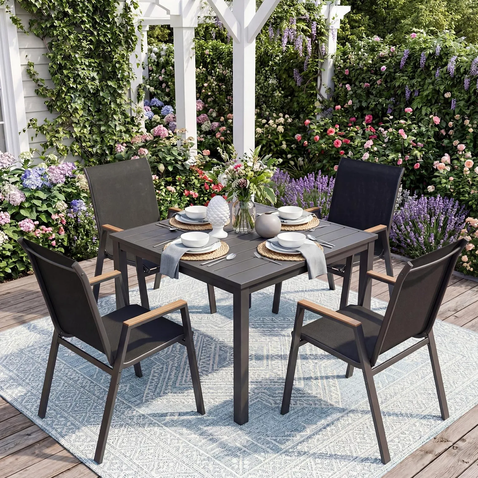 COSTWAY Lot de 2/4 Chaises de Jardin Exterieur, Fauteuils Empilable, Charge 180 kg, Tissu Respirant, Structure en Métal, Chaise Exterieur pour Jardin Cour Balcon, 56 x 66 x 88 cm (Noir,2)