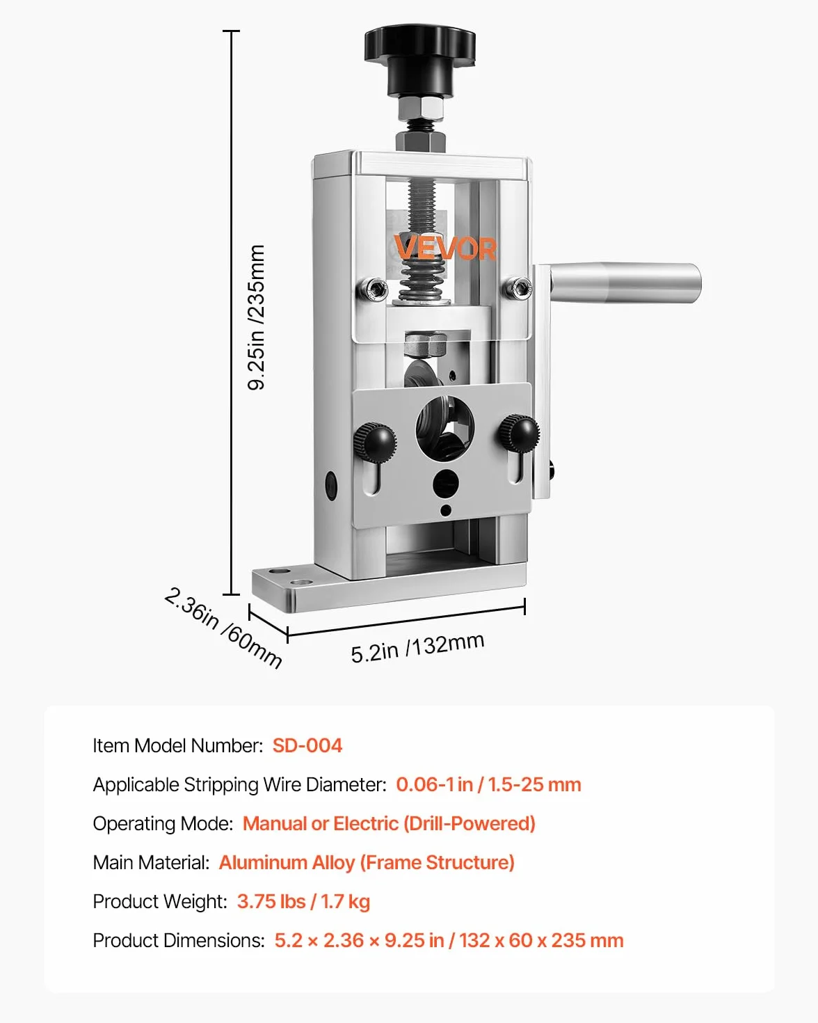 VEVOR Dénudeur Câble Manuel 1,5-25 mm Machine à Dénuder Cuivre à Manivelle Lames Trempées 64Mn Rouleaux Acier 45#