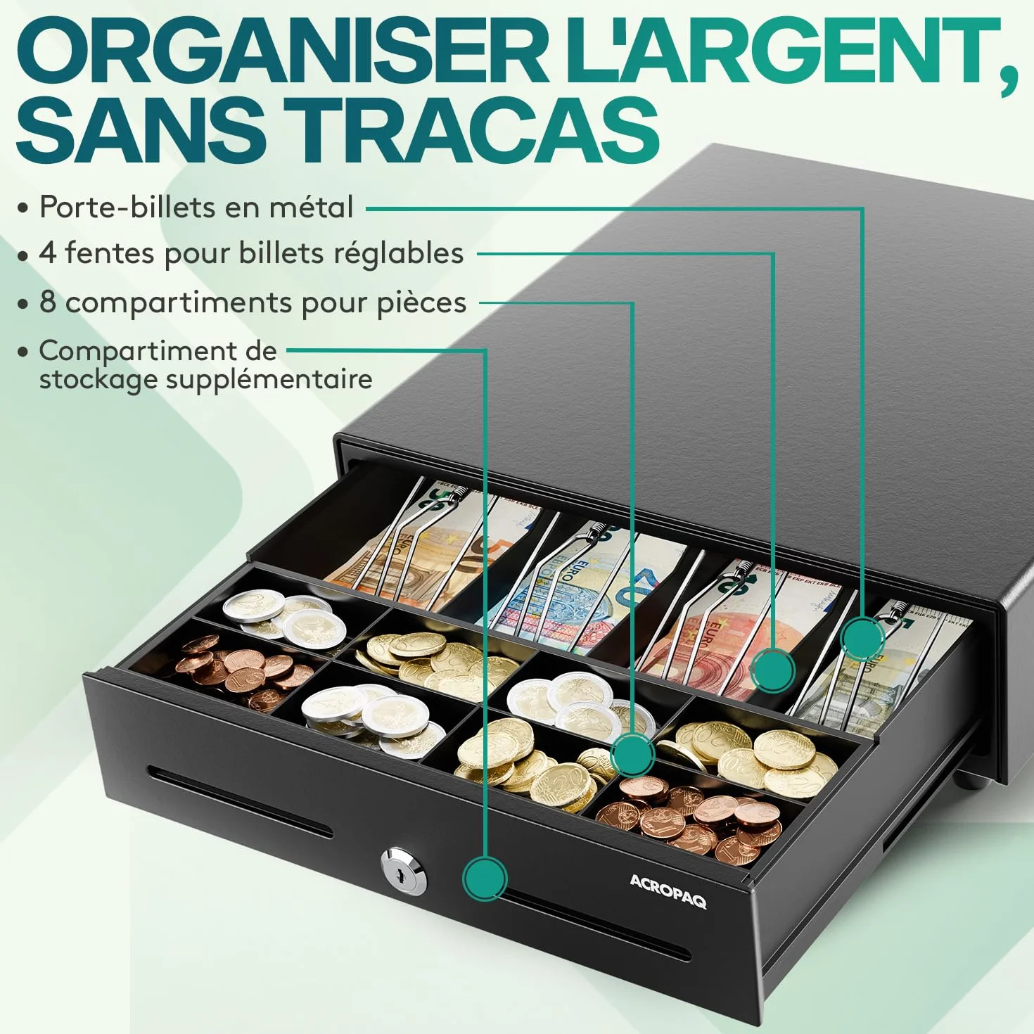 ACROPAQ Tiroir caisse métal 34 x 33 x 10 cm Compatible caisse enregistreuse RJ11 4 compartiments monnaie 8 billets
