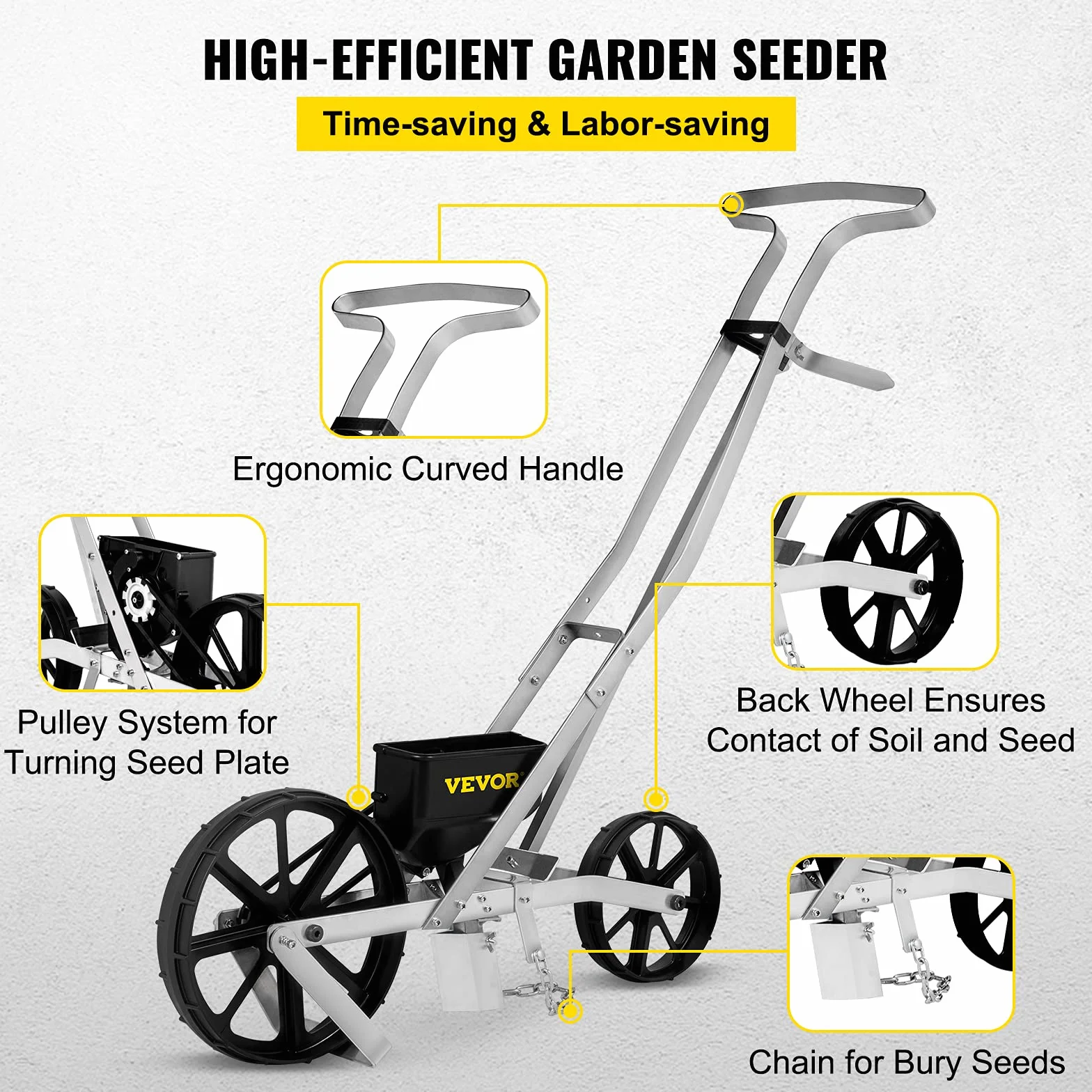 VEVOR Semoir Jardin Manuel Aluminium ABS Épandeur Engrais Gazon 78-84 cm Distributeur Graines Précision Métal 6 Plaques de Semences Roue Avant 6 cm Arrière 5 cm pour Graines Maïs, Radis, Carotte, Pois