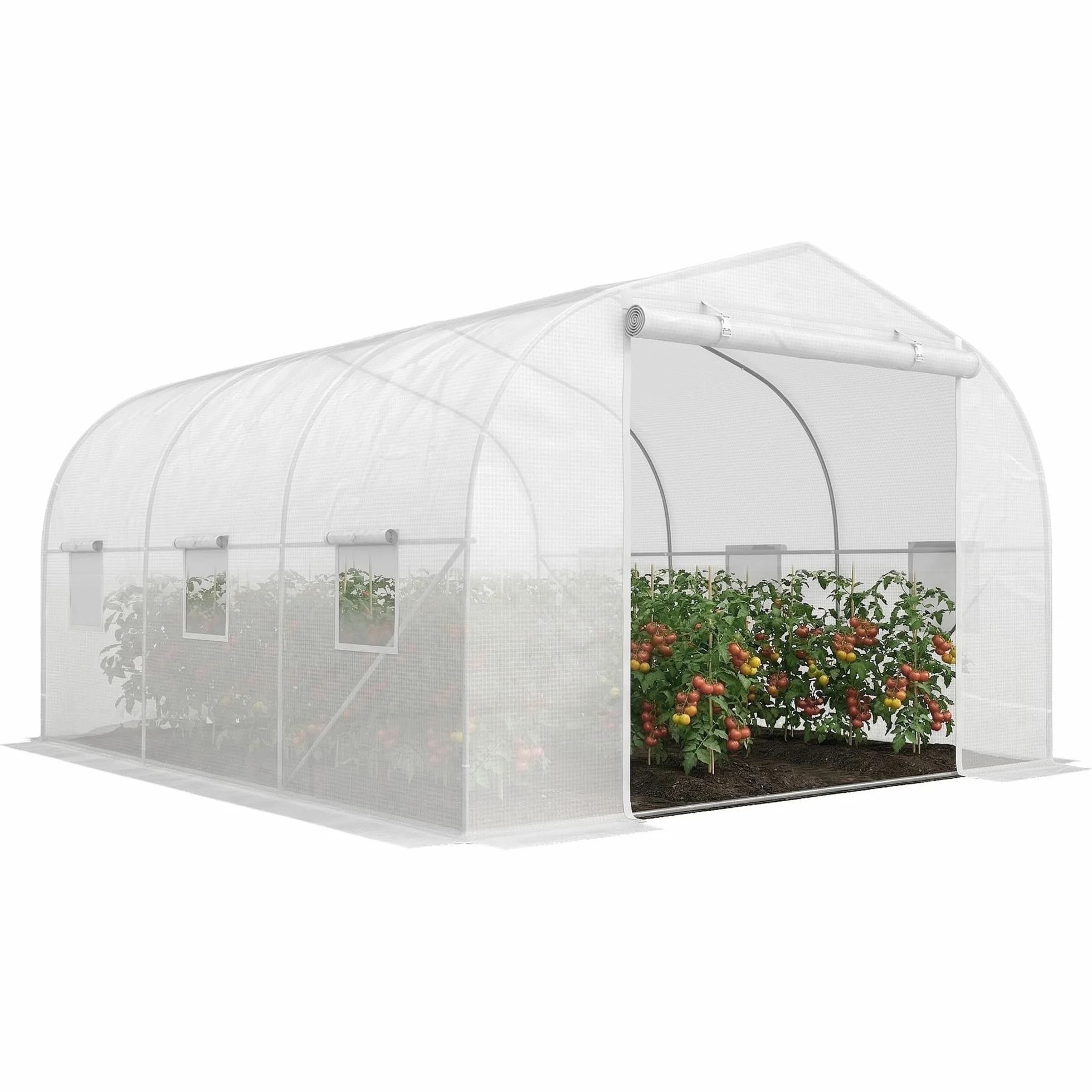 Outsunny Serre de Jardin Serre Tunnel de Jardin dim. 3,5L x 3l x 2H m Porte + 6 fenêtres enroulables Acier galvanisé bâche PE Haute densité Blanc