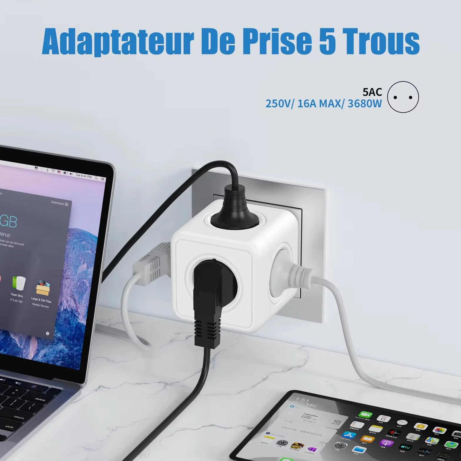 Prise cubique 5 en 1, multiprise murale 3680W, 5 prises frontales avec terre, adaptateur cube gris