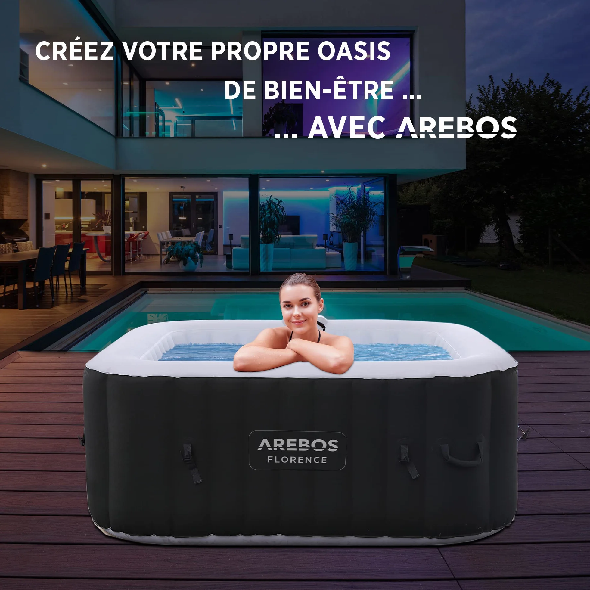 Arebos Spa Gonflable 4 Personnes 154x154cm 100 Jets Massage 600 litres Chauffage