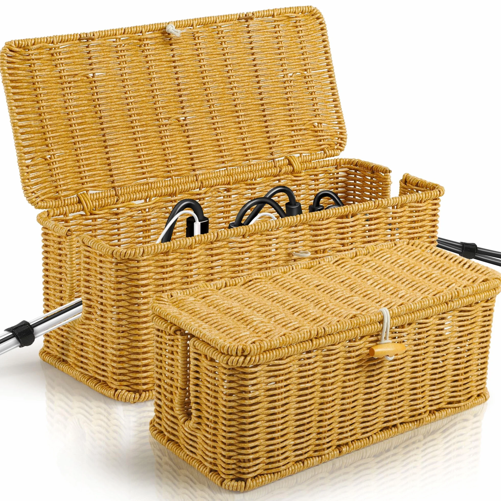 Gucass Lot de 2 Boîte Rangement Câble avec Couvercle, Boîte Organisation Câbles Rotin, Multiprise Cacher Câbles Grande Moyenne