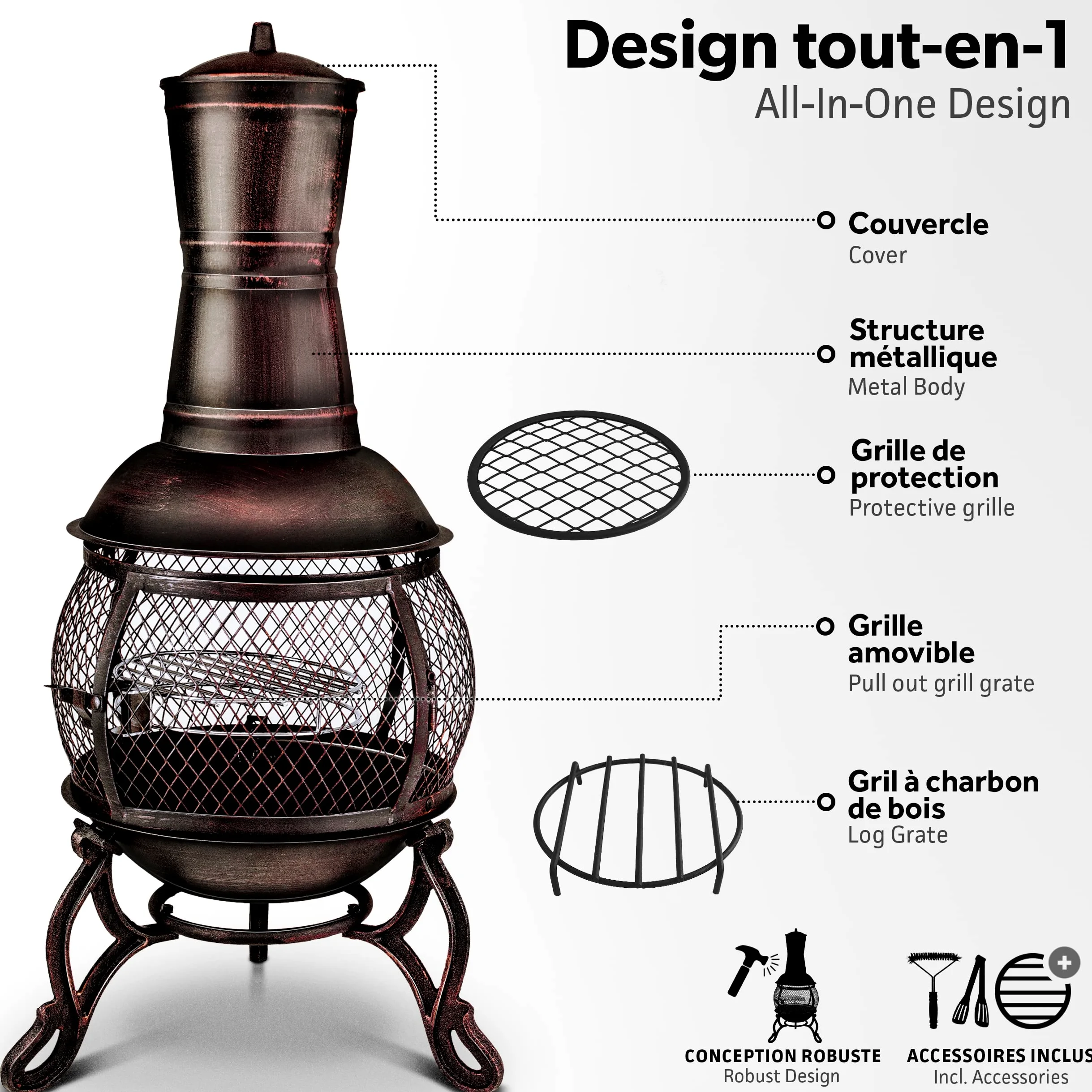 tillvex Cheminée de terrasse extérieure avec Grill | Brasero Mexicain avec Pare-étincelles | Chauffage de Jardin avec Housse | Poêle à Bois | Tisonnier + Grille, BBQ + Accessoires XXL