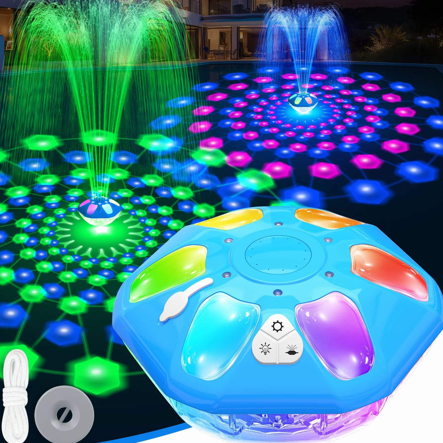 KingSom Fontaine Piscine LED Rechargeable 2 Modes Jet 12 Modes Éclairage Flottante Hors Sol