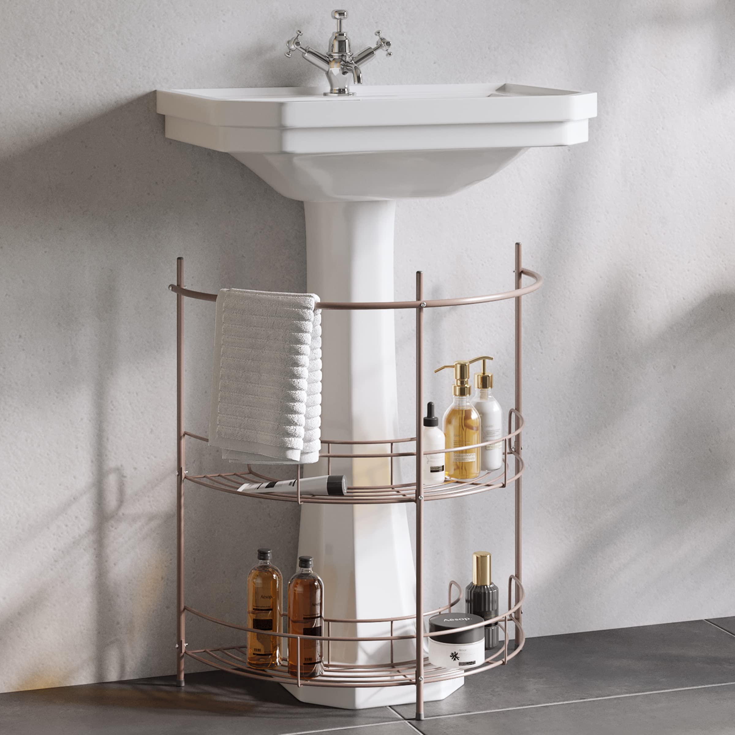 Bronze Pedestal Sink Organizer with Shelves and Towel Rod