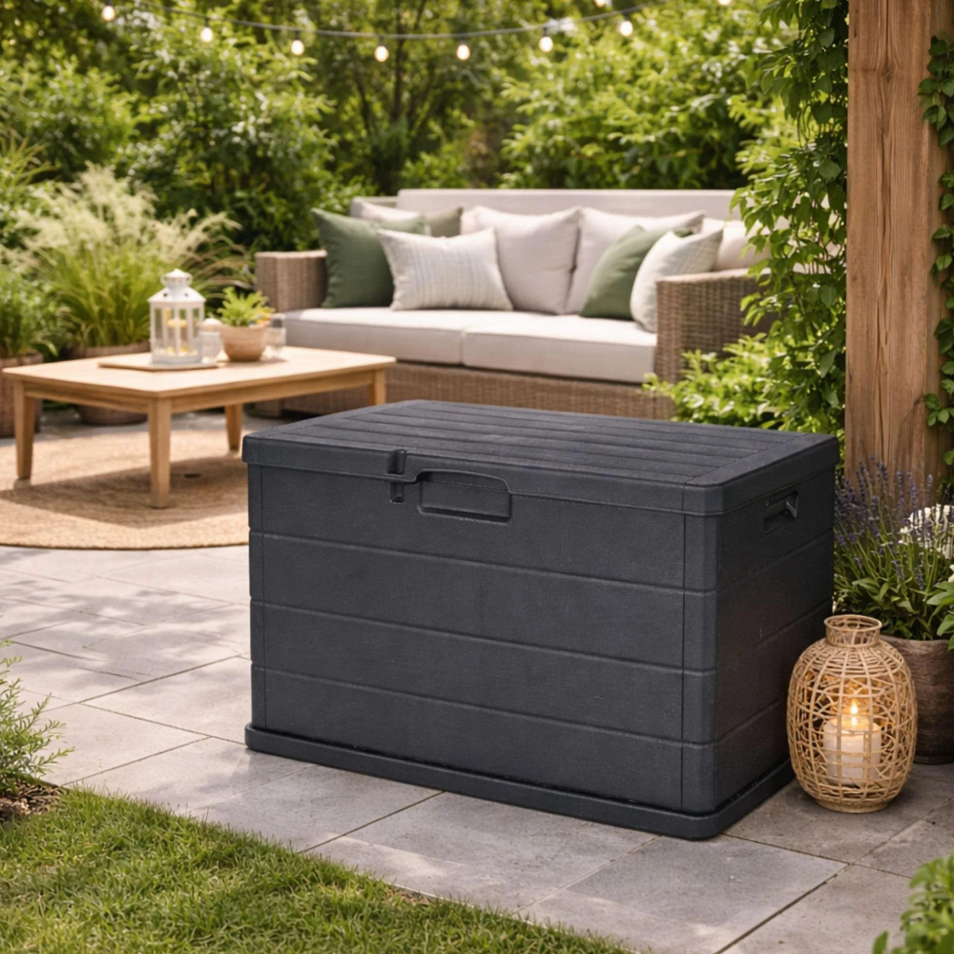 Maury's Coffre Cassapanca 170 Litres Effet Bois, Conteneur de Stockage en Résine Anthracite 78x55x52 cm